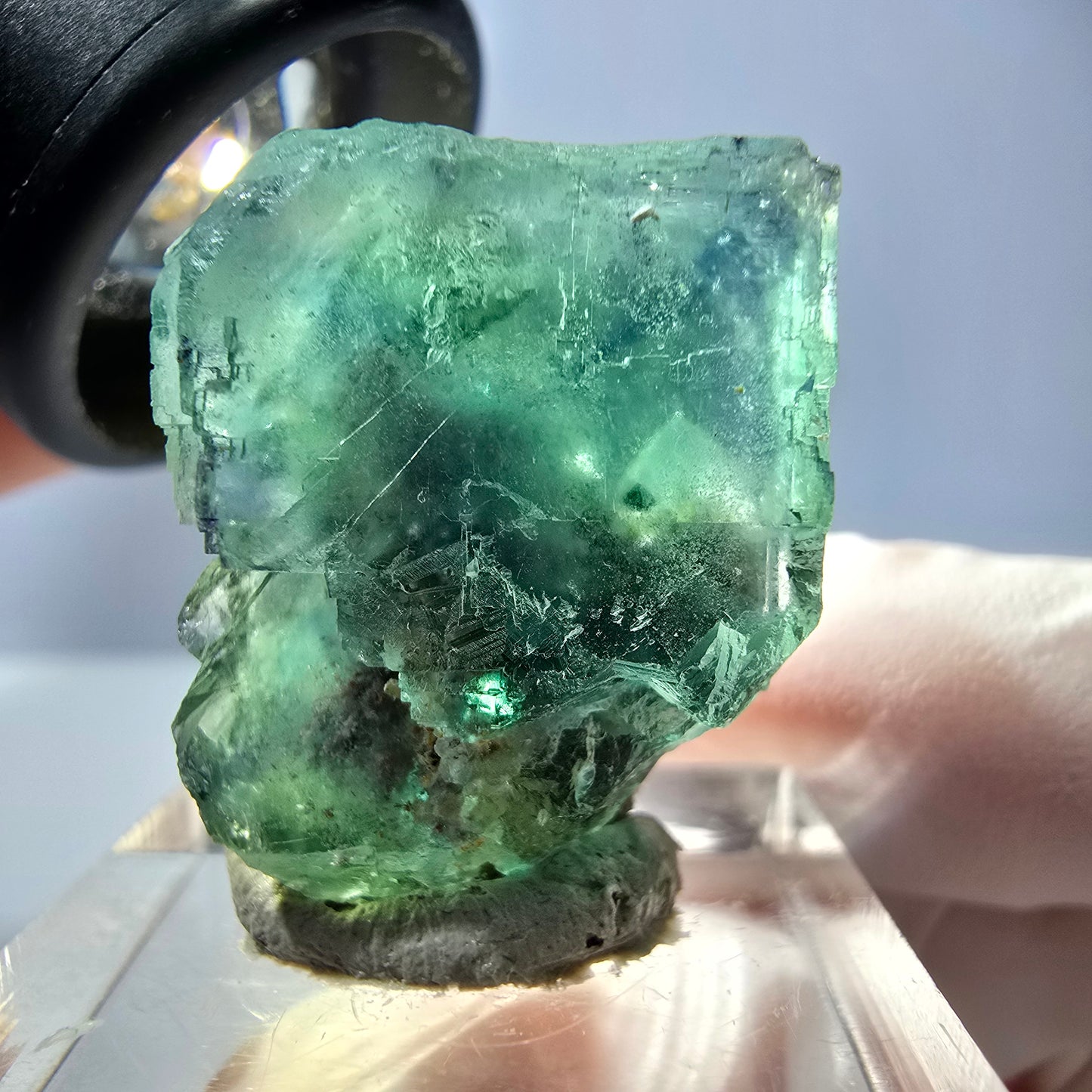 Cube de fluorite fantôme transparente parquetée, vert Okorusu, Namibie 25 x 19 x 15 mm