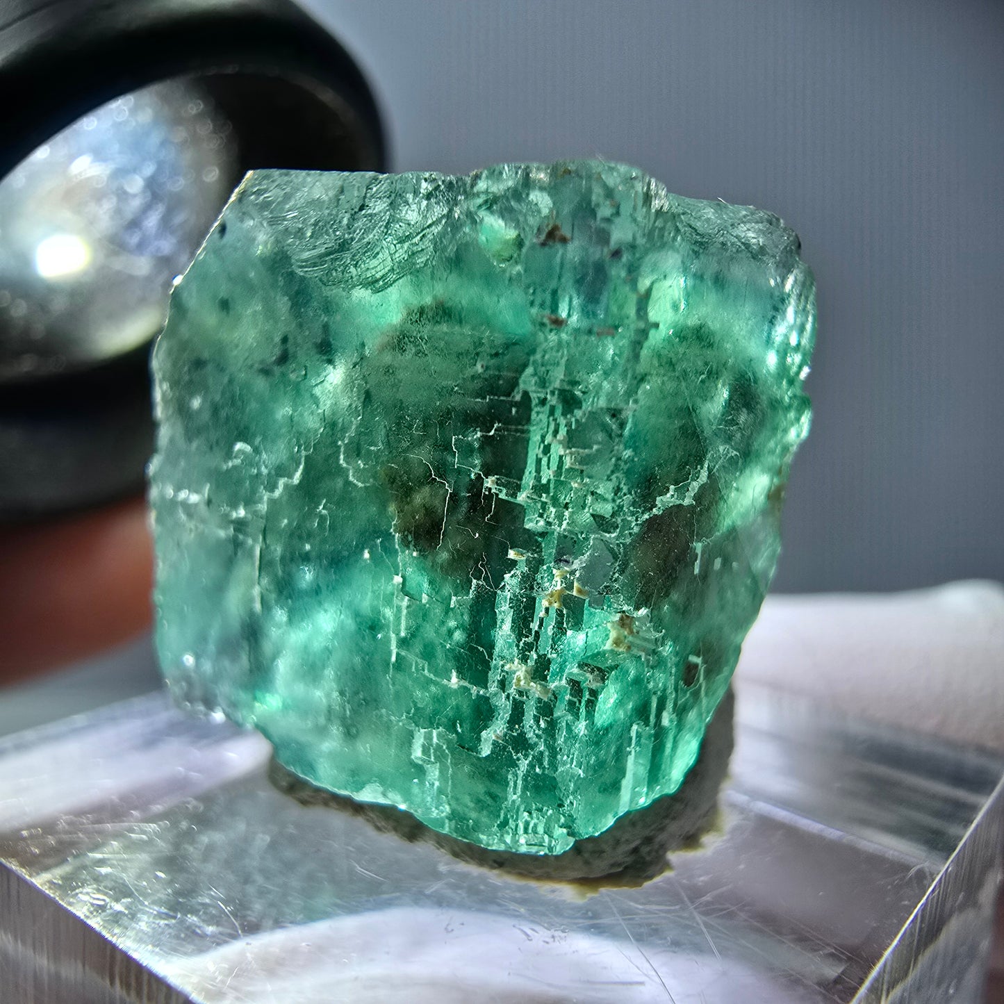 Cube de fluorite fantôme transparente parquetée, vert Okorusu, Namibie 19 x 19 x 15 mm