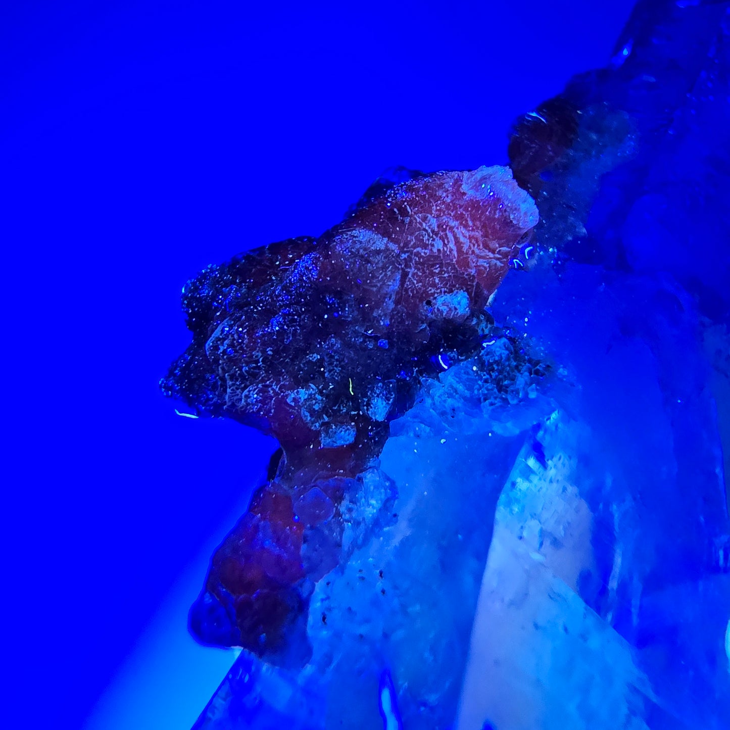 Quartz fumé DT Enhydro, sceptre, calcite UV, 4 parures de poche Bubble Valentine. Namibie, 76 x 26 x 12 mm.