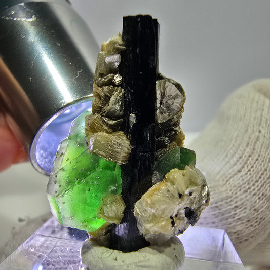 Cube de fluorite fantôme, muscovite et tourmaline Schorl, spécimen d'Erongo, Namibie, 29 x 19 x 17 mm