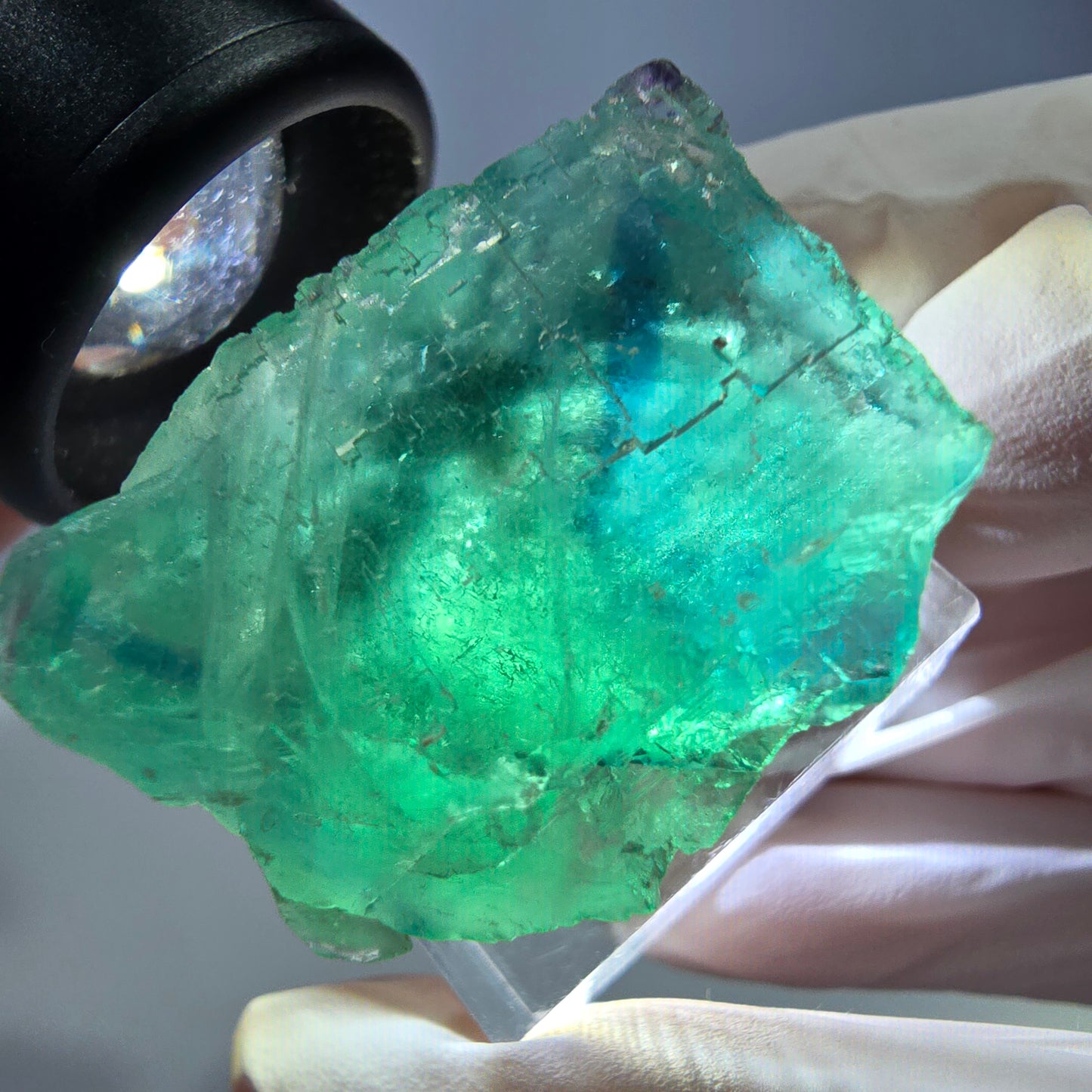 Cube de fluorite fantôme transparente parquetée, vert Okorusu, Namibie 30 x 23 x 21 mm