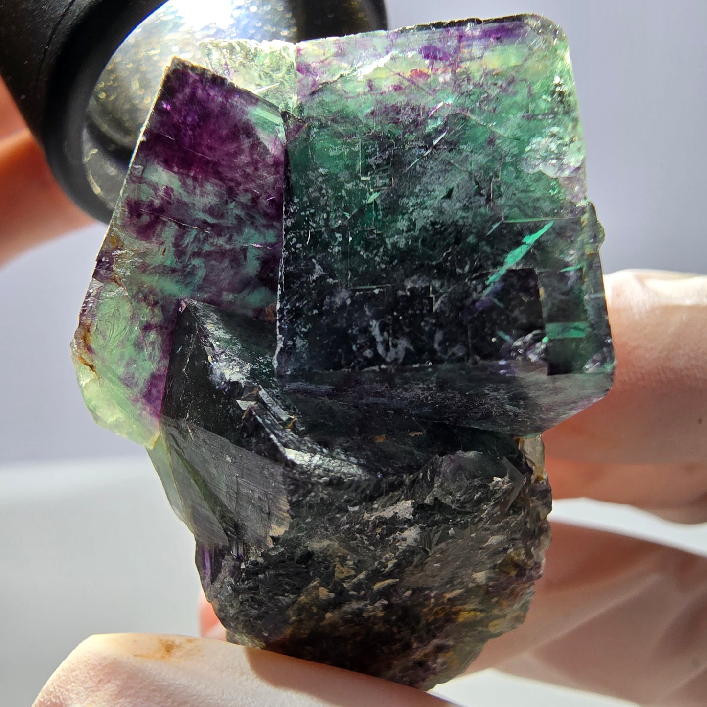 Spécimen de cube de fluorite fantôme parqueté vert violet Okorusu, Namibie 45*40*33mm
