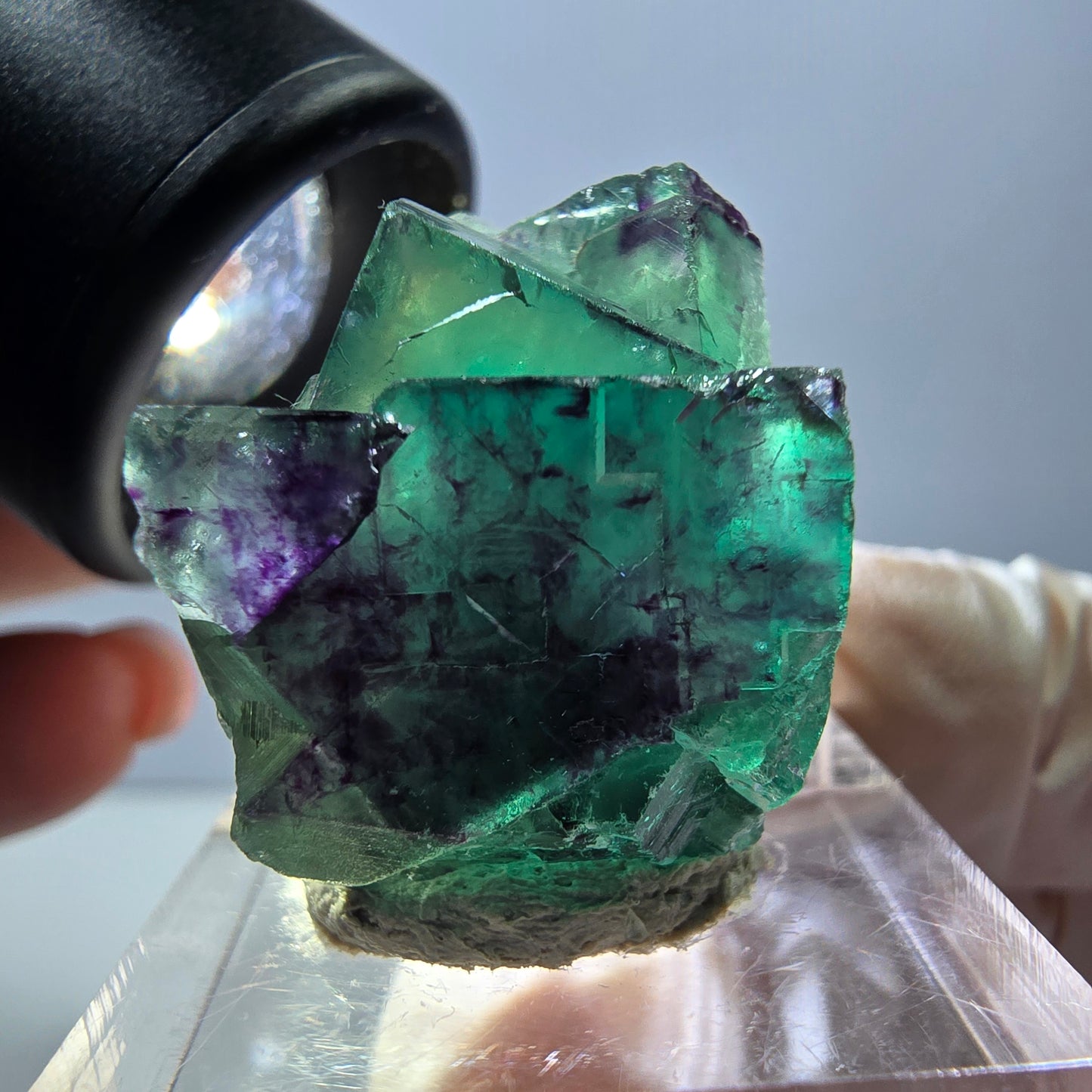 Spécimen de cube de fluorite fantôme, parqueté vert violet Okorusu, Namibie 26*20*18 mm