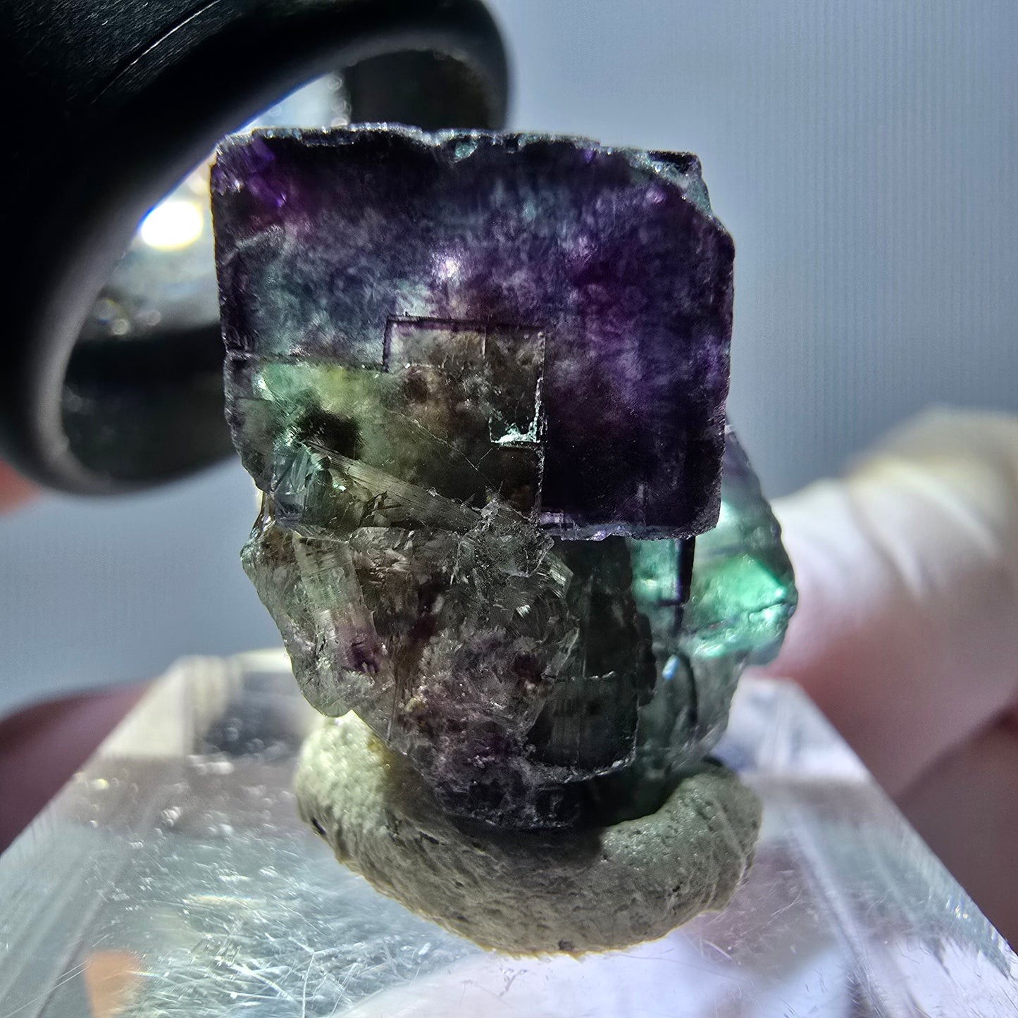 Spécimen de cube de fluorite fantôme, parqueté vert violet Okorusu, Namibie 25*19*15 mm