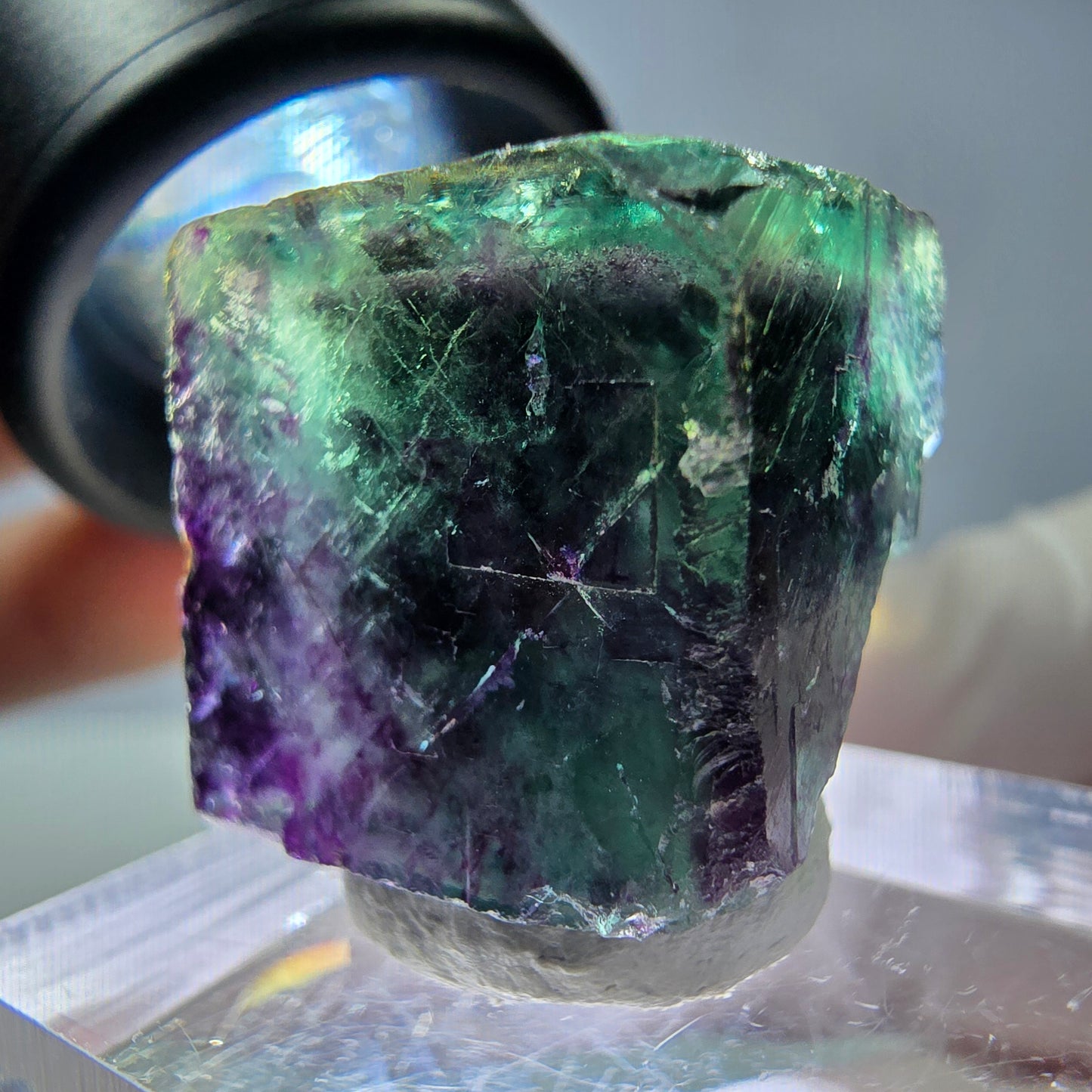 Rare cube de fluorite fantôme parqueté vert violet Okorusu Namibie 18*18*16mm