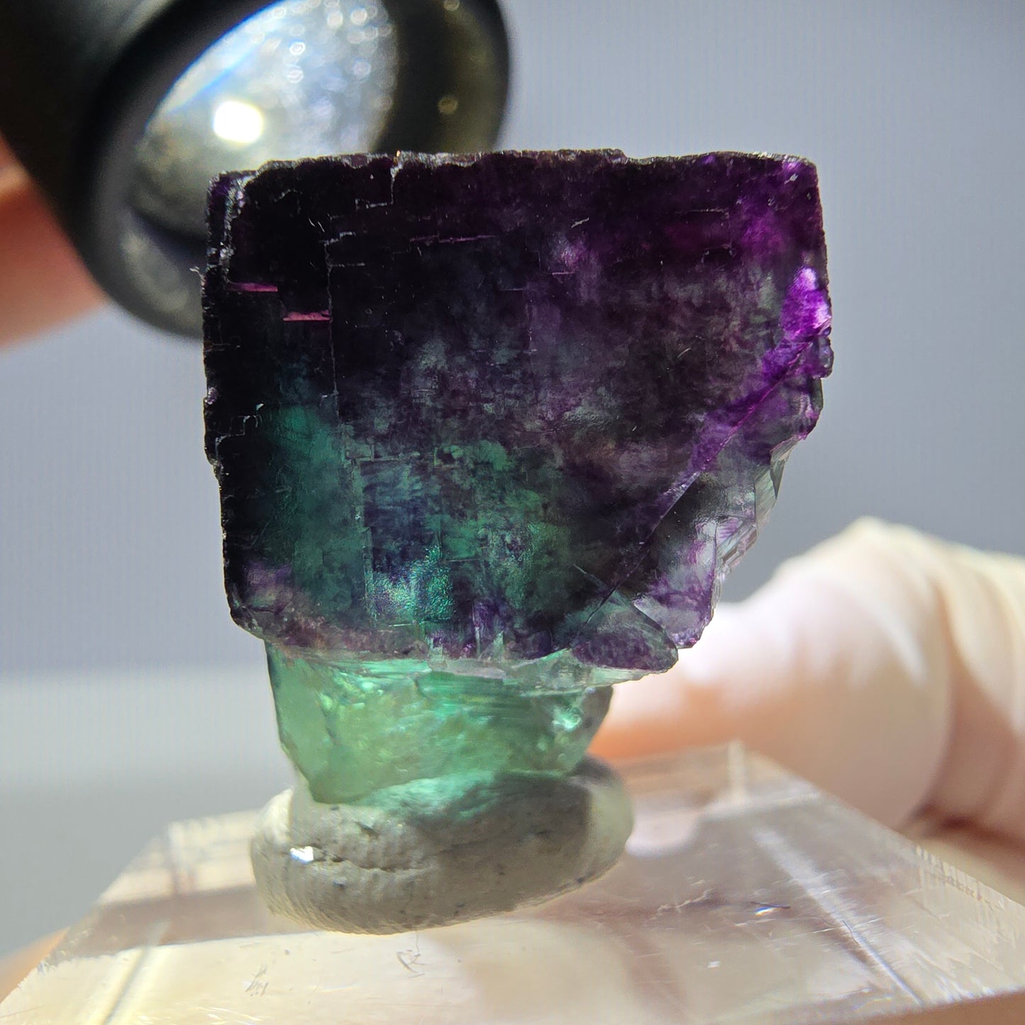 Rare cube de fluorite fantôme parqueté vert violet Okorusu Namibie 23*22*22mm