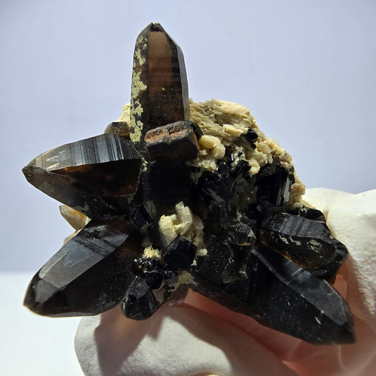 Spécimen rare de tourmaline Schorl, quartz fumé et hyalite, Erongo, Namibie, 37 x 29 x 19 mm