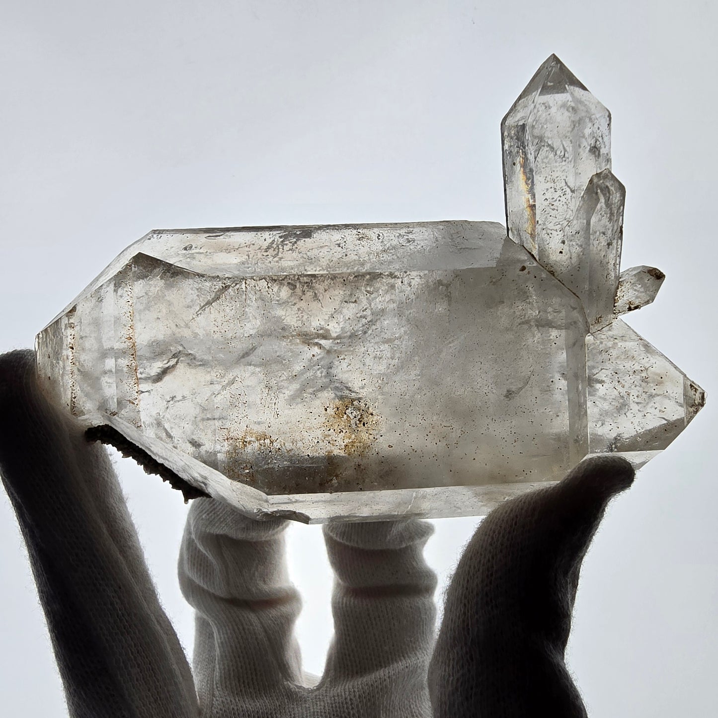 Quartz fumé squelette Enhydro DT, calcite UV, 3x Bubble Valentine Pocket Namibie 121 x 76 x 35 mm