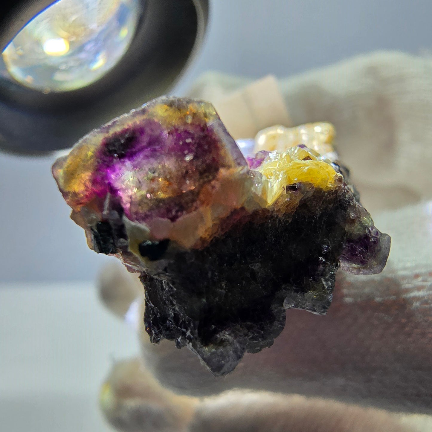 Spécimen de fluorite fantôme colorée, tourmaline scholle, muscovite, Erongo, Namibie, 36 x 28 x 16 mm