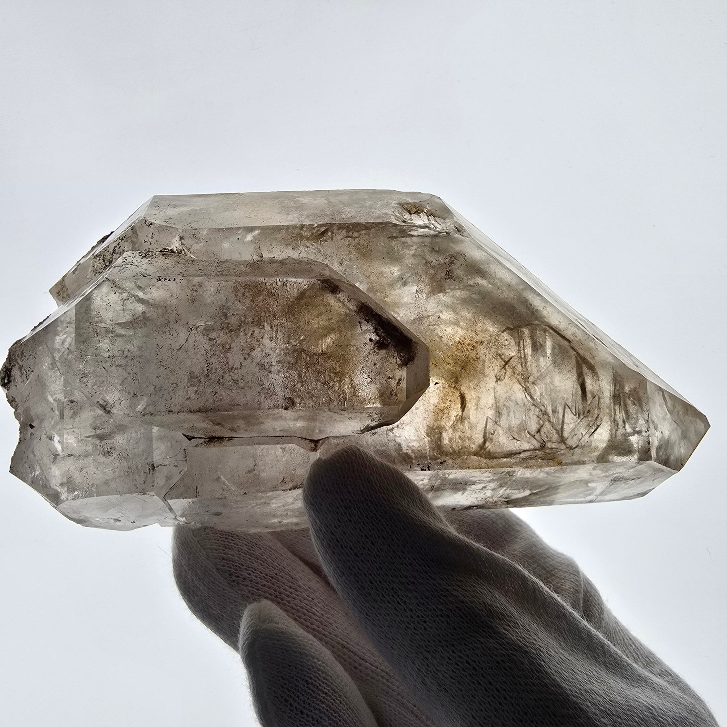 Quartz fumé squelette fantôme lémurien DT, calcite UV Valentine Pocket, Namibie 129 x 61 x 48 mm