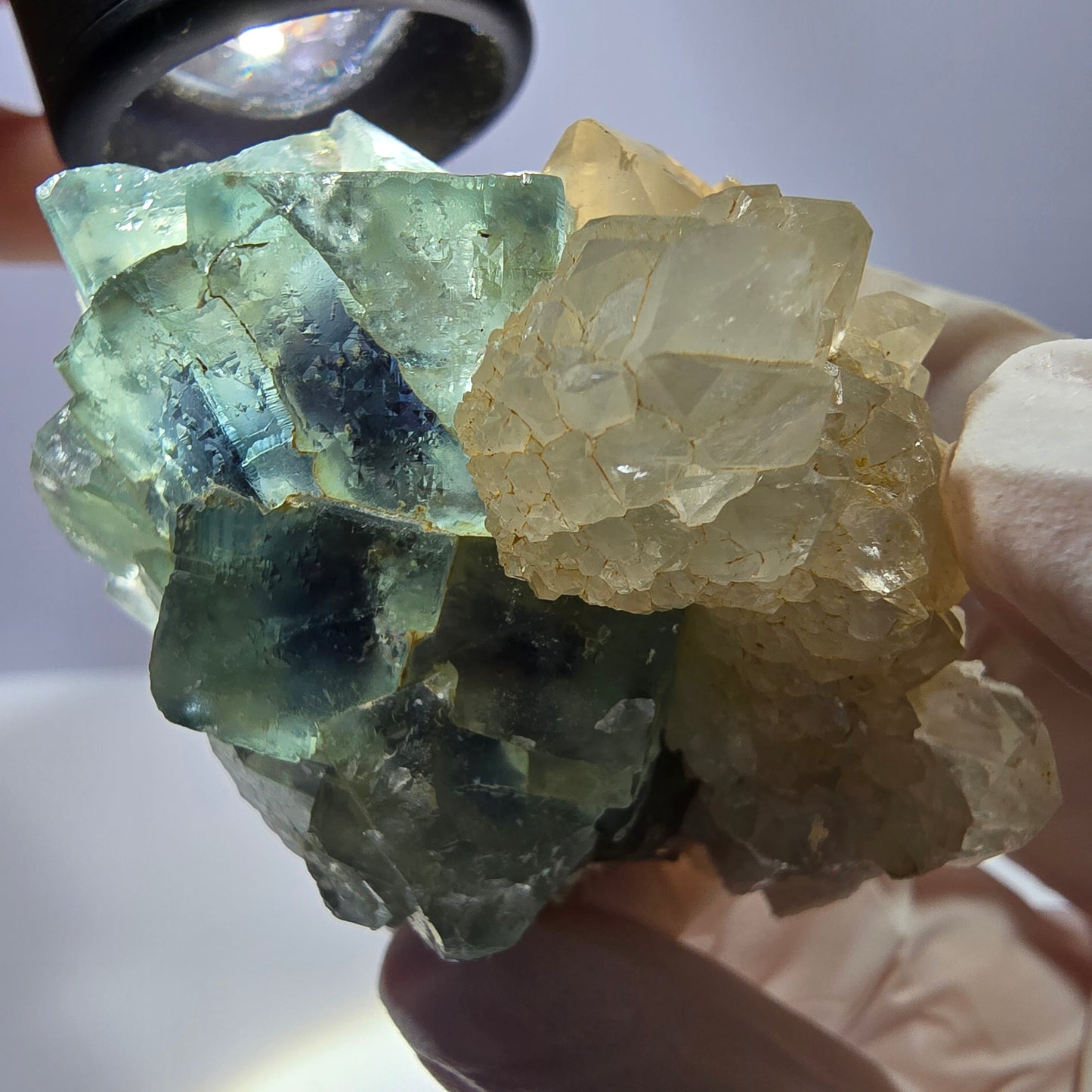 Rare cube de fluorite fantôme, spécimen de quartz vert violet Okorusu Namibie 53*35*38mm