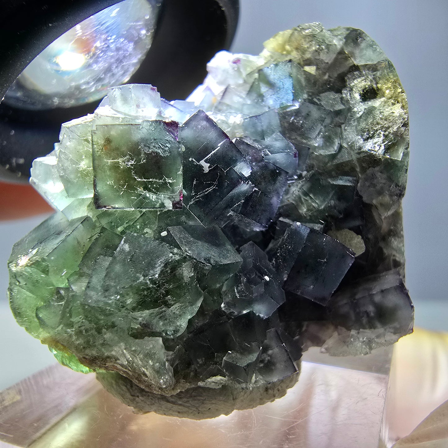 Spécimen de cube de fluorite fantôme, vert violet, Okorusu, Namibie, 35 x 28 x 22 mm