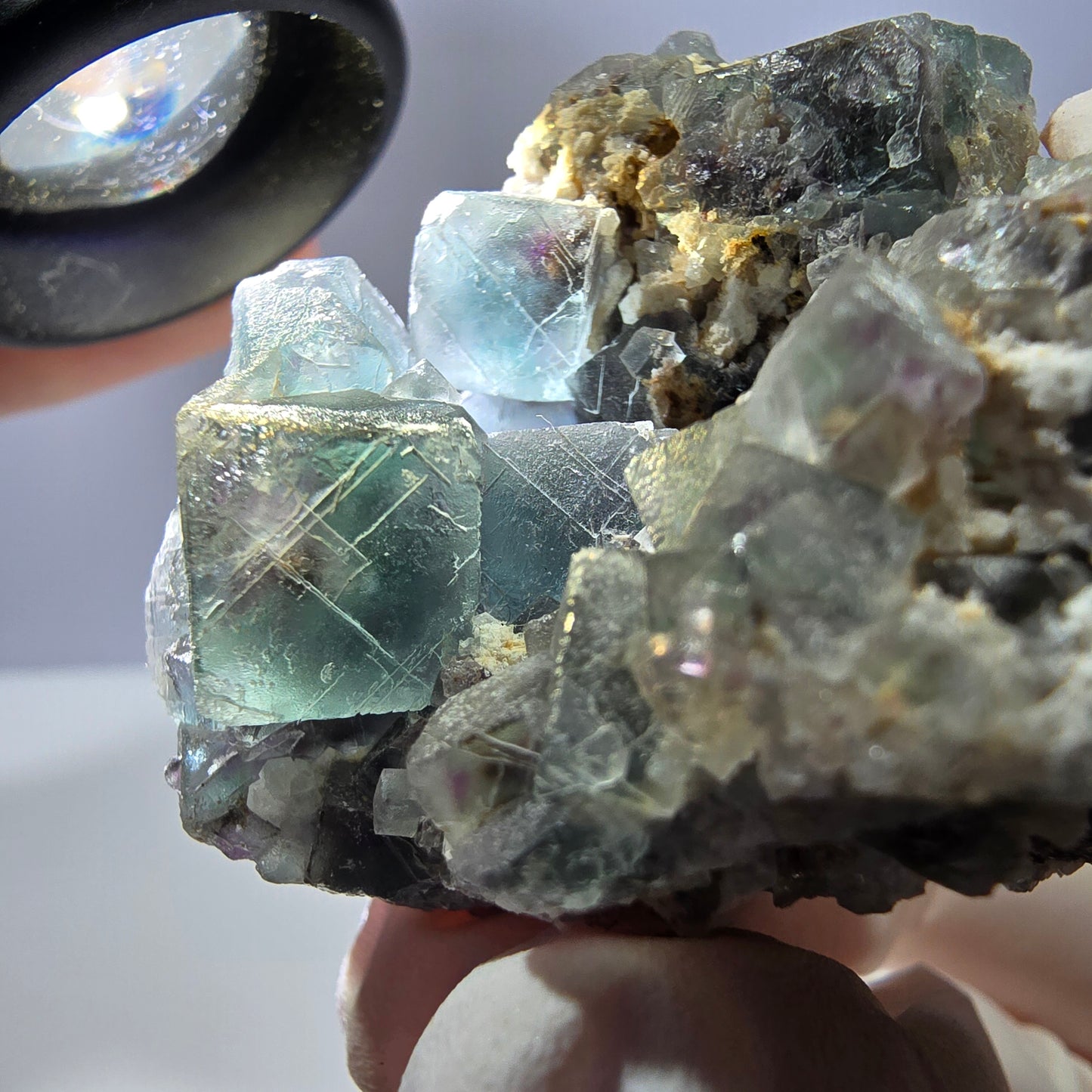Rare cube de fluorite fantôme, spécimen de quartz vert violet Okorusu Namibie 47*46*37 mm