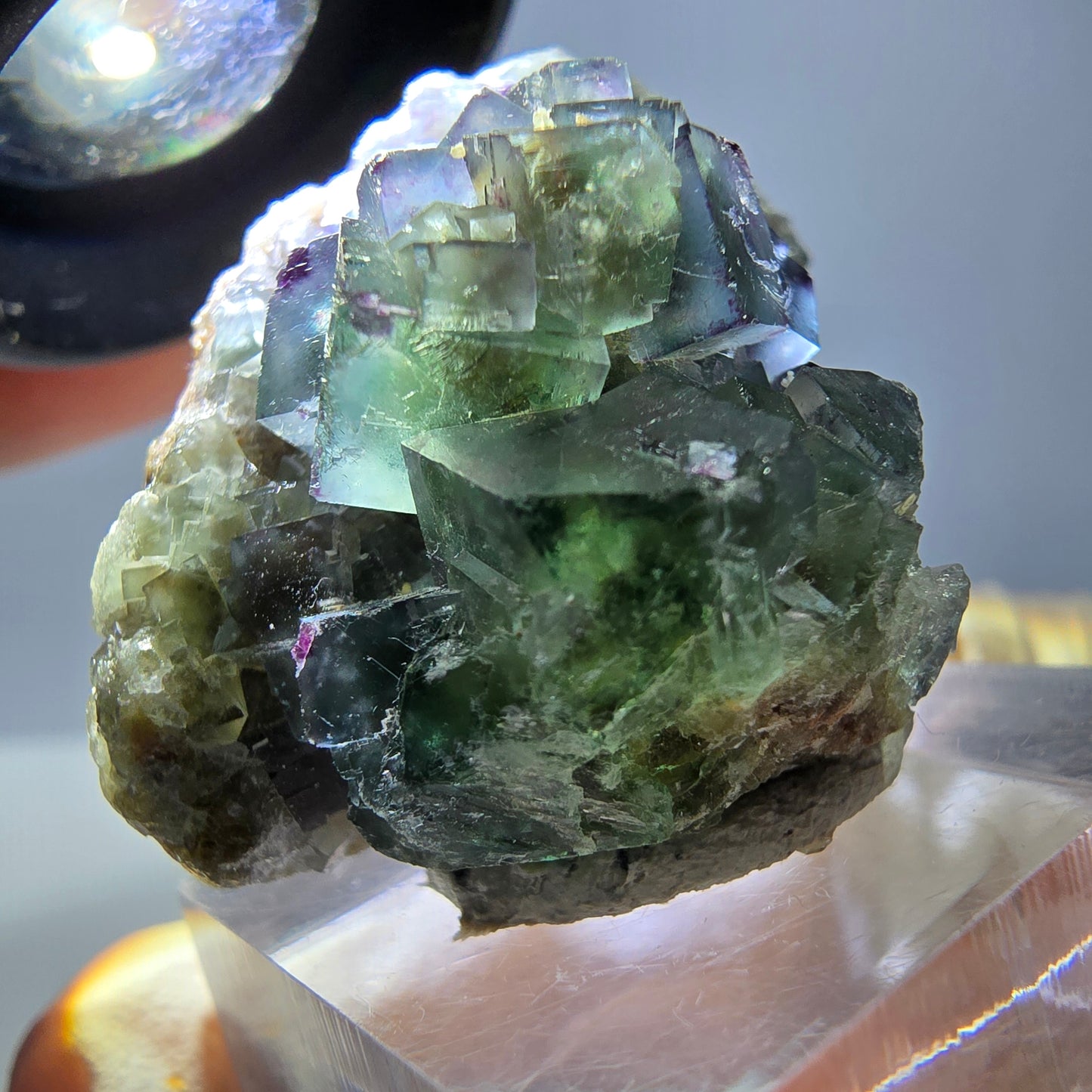 Spécimen de cube de fluorite fantôme, vert violet, Okorusu, Namibie, 35 x 28 x 22 mm