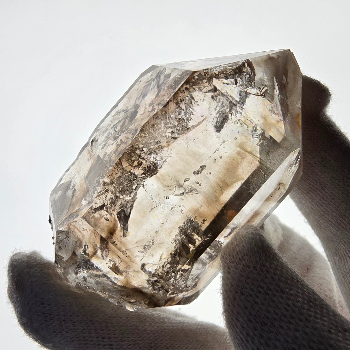 Sceptre DT en quartz fumé squelette Enhydro, poche Valentine en calcite UV, Namibie 71 x 43 x 31 mm