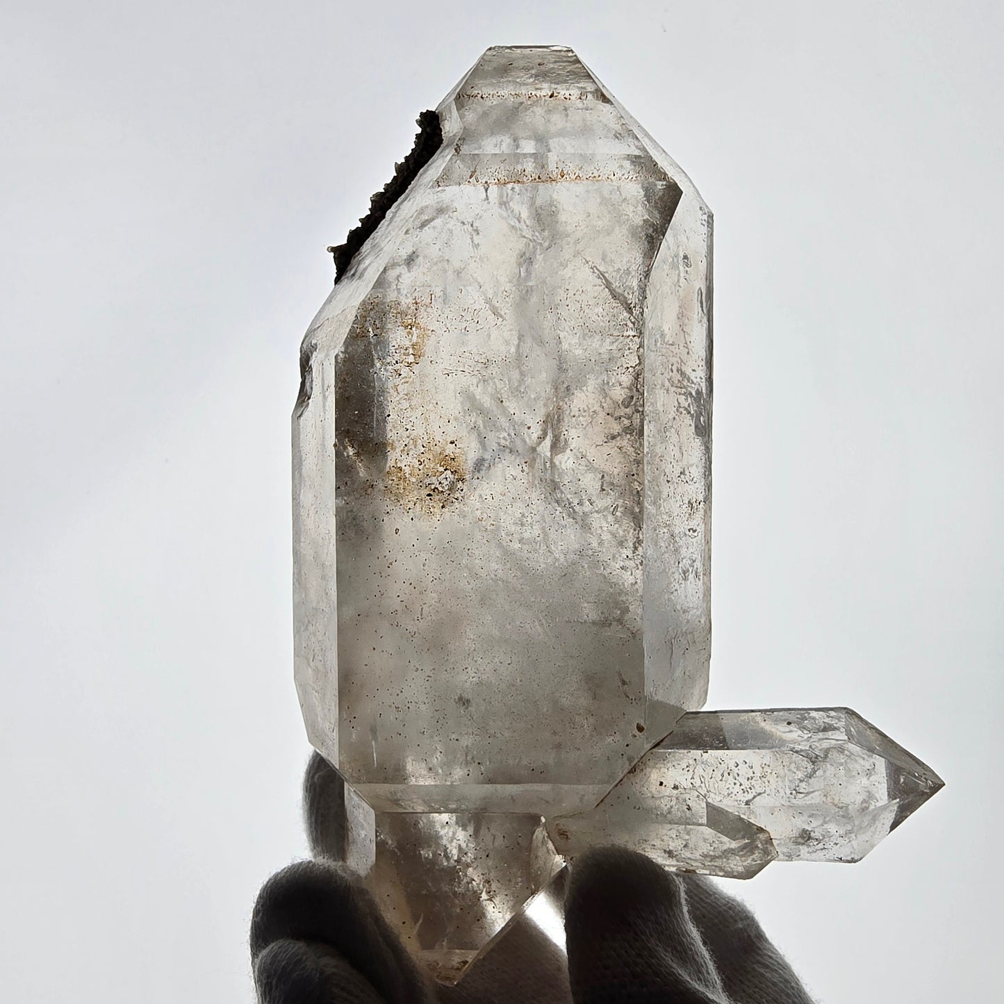 Quartz fumé squelette Enhydro DT, calcite UV, 3x Bubble Valentine Pocket Namibie 121 x 76 x 35 mm