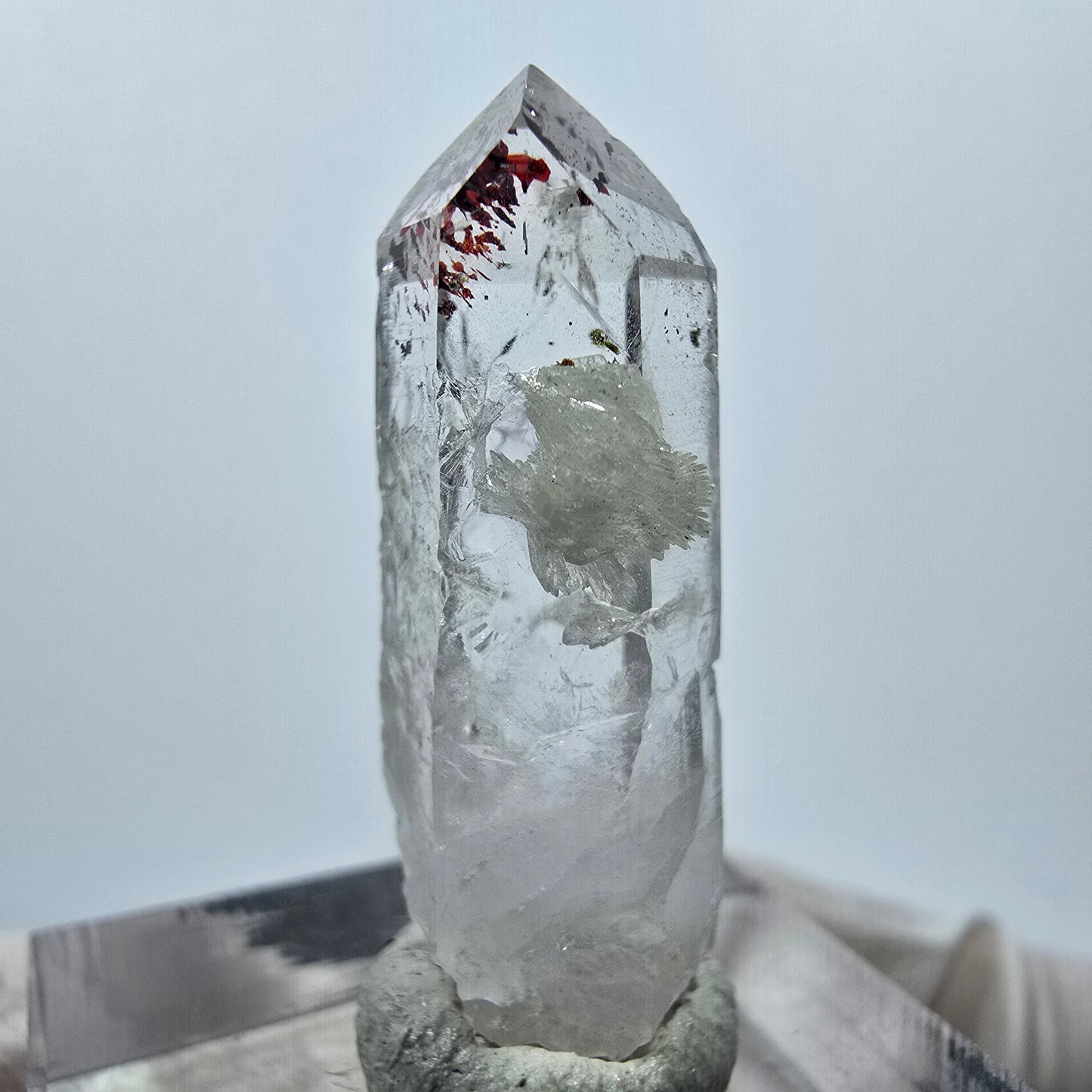 Quartz Harlequin avec préhnite Point Streep Mine, Goboboseb, Namibie 31 x 12 x 9 mm