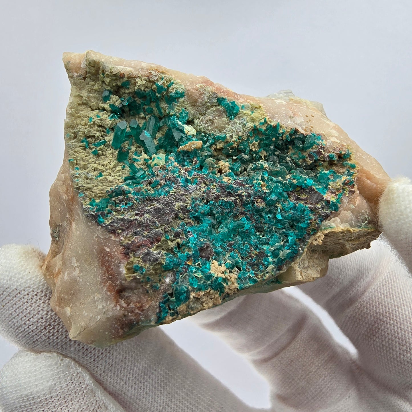 Rare spécimen de dioptase sur quartz Kaokoveld, Namibie 48*42*27mm Collection de minéraux
