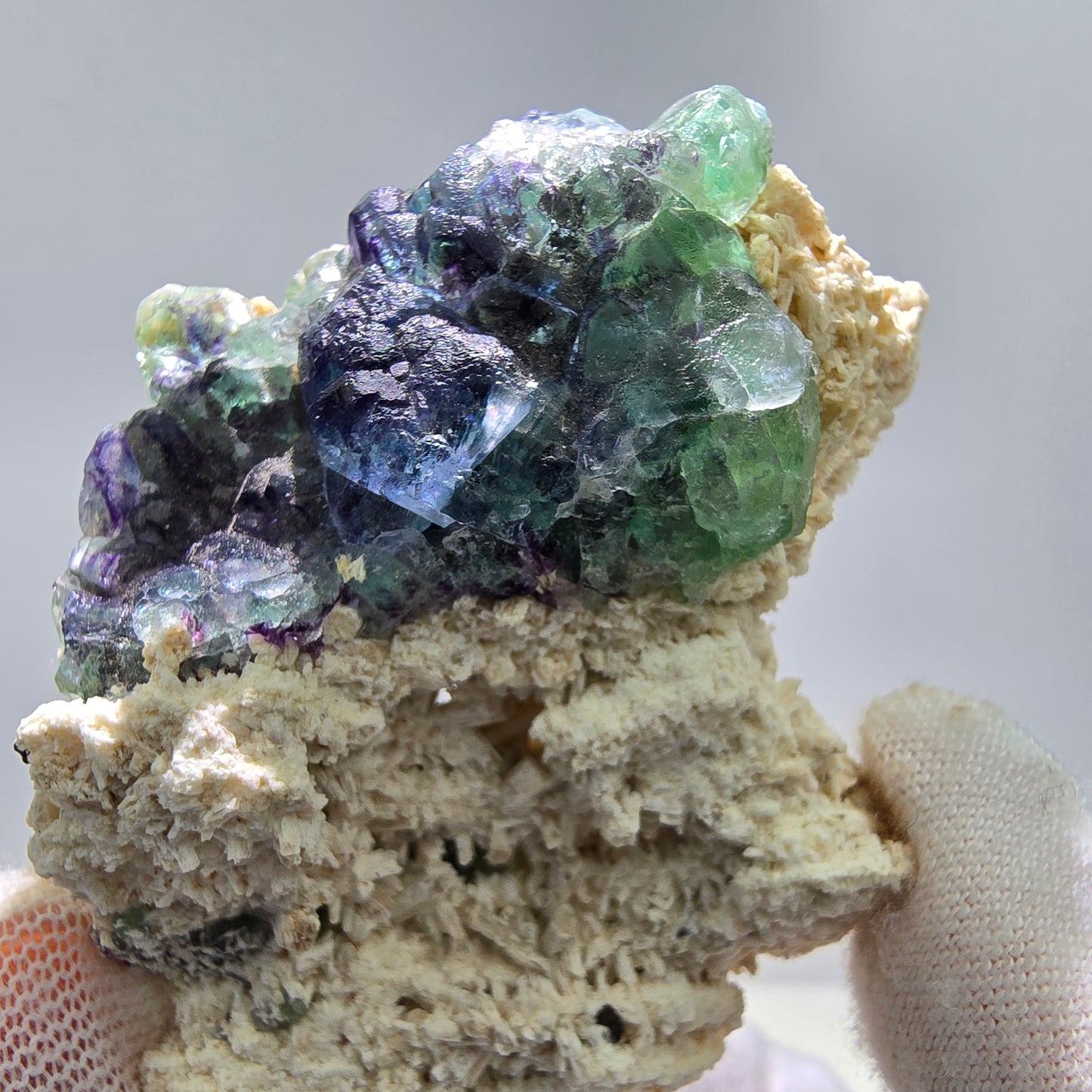 Phantom Fluorit grün blau, Orthoklas Stufe Erongo, Namibia 55*45*26mm Sammlung