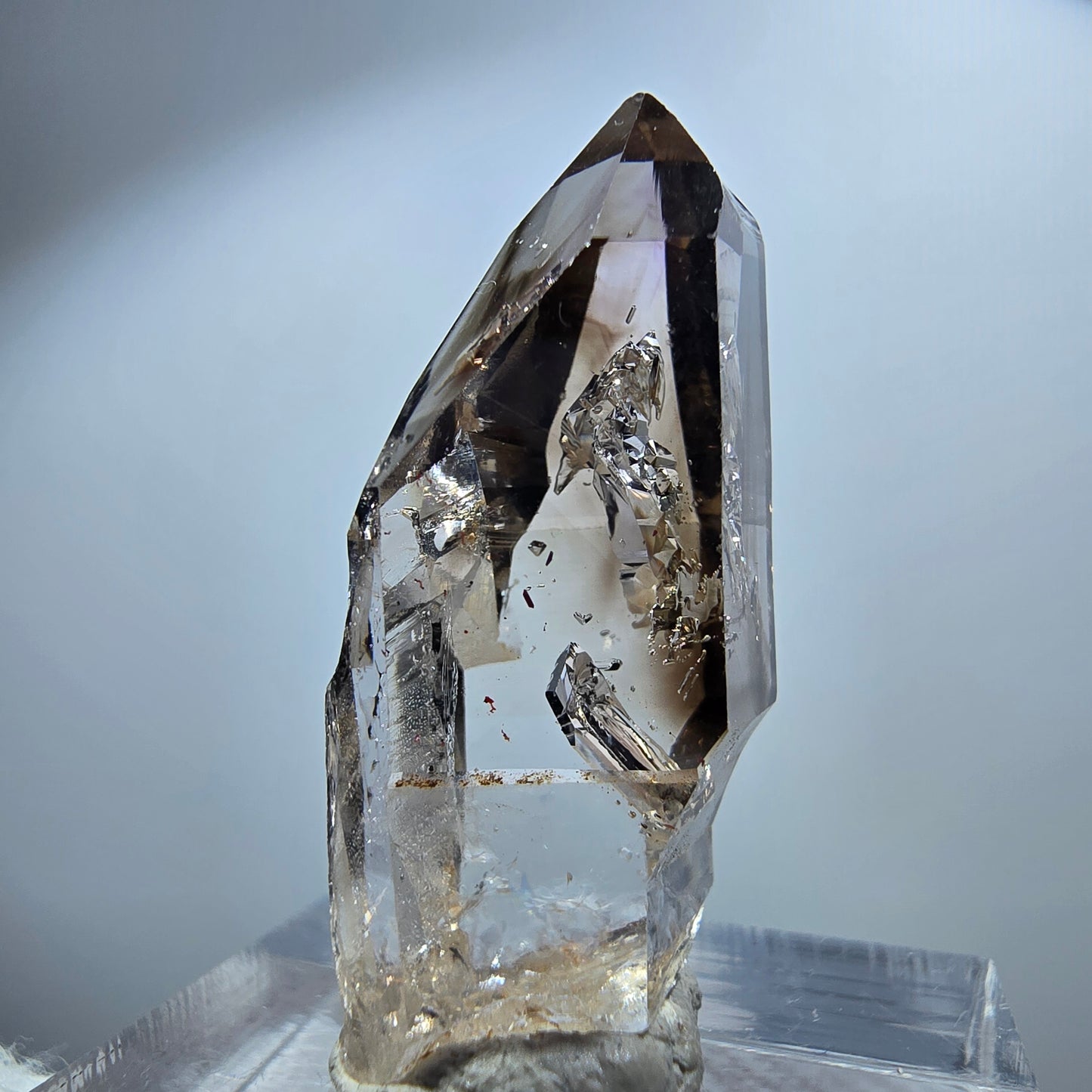 Pointe de sceptre en quartz fumé fantôme transparent, Goboboseb, Namibie, 32 x 15 x 11 mm