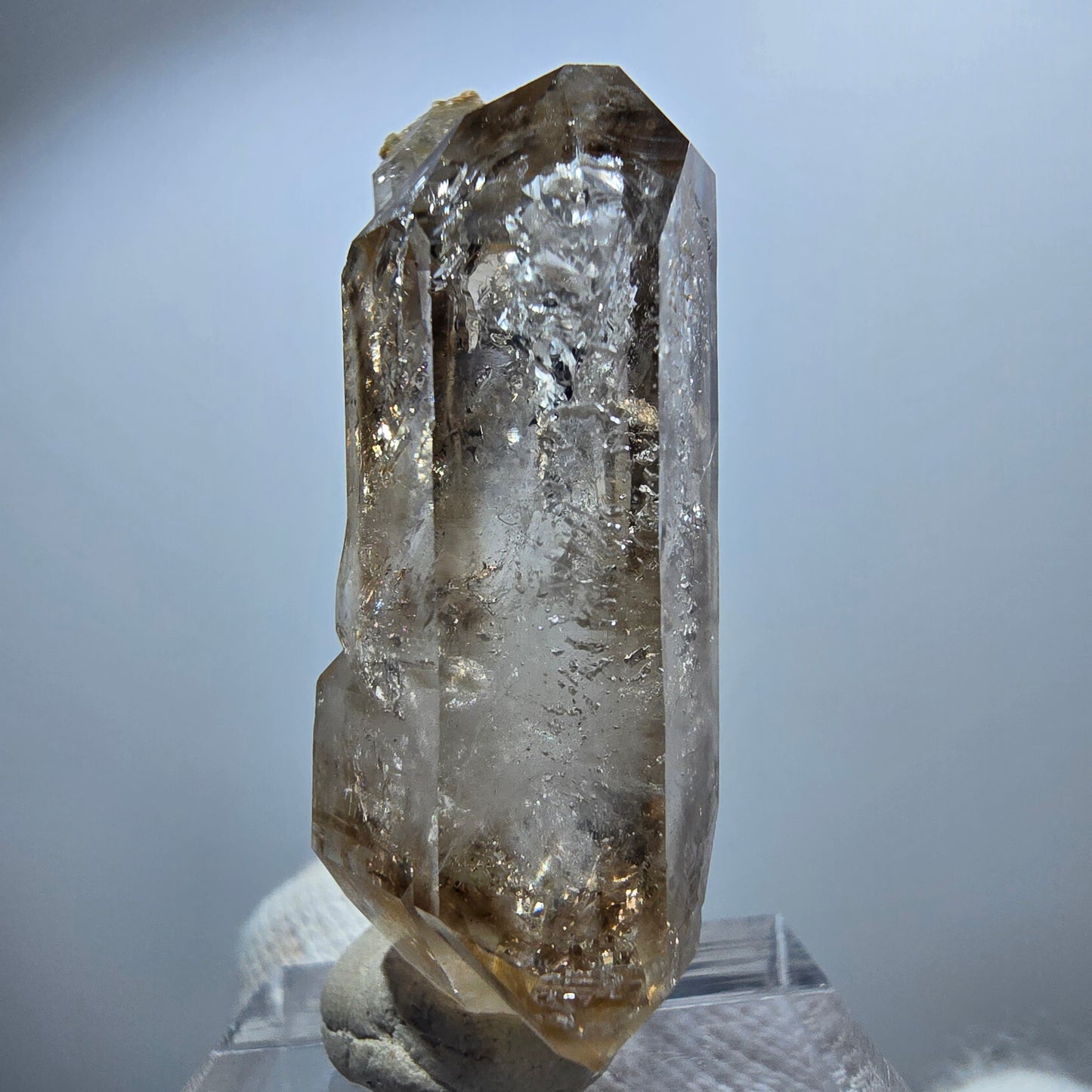 Sceptre en quartz fumé fantôme transparent, spécimen DT, Goboboseb, Namibie, 43 x 24 x 14 mm