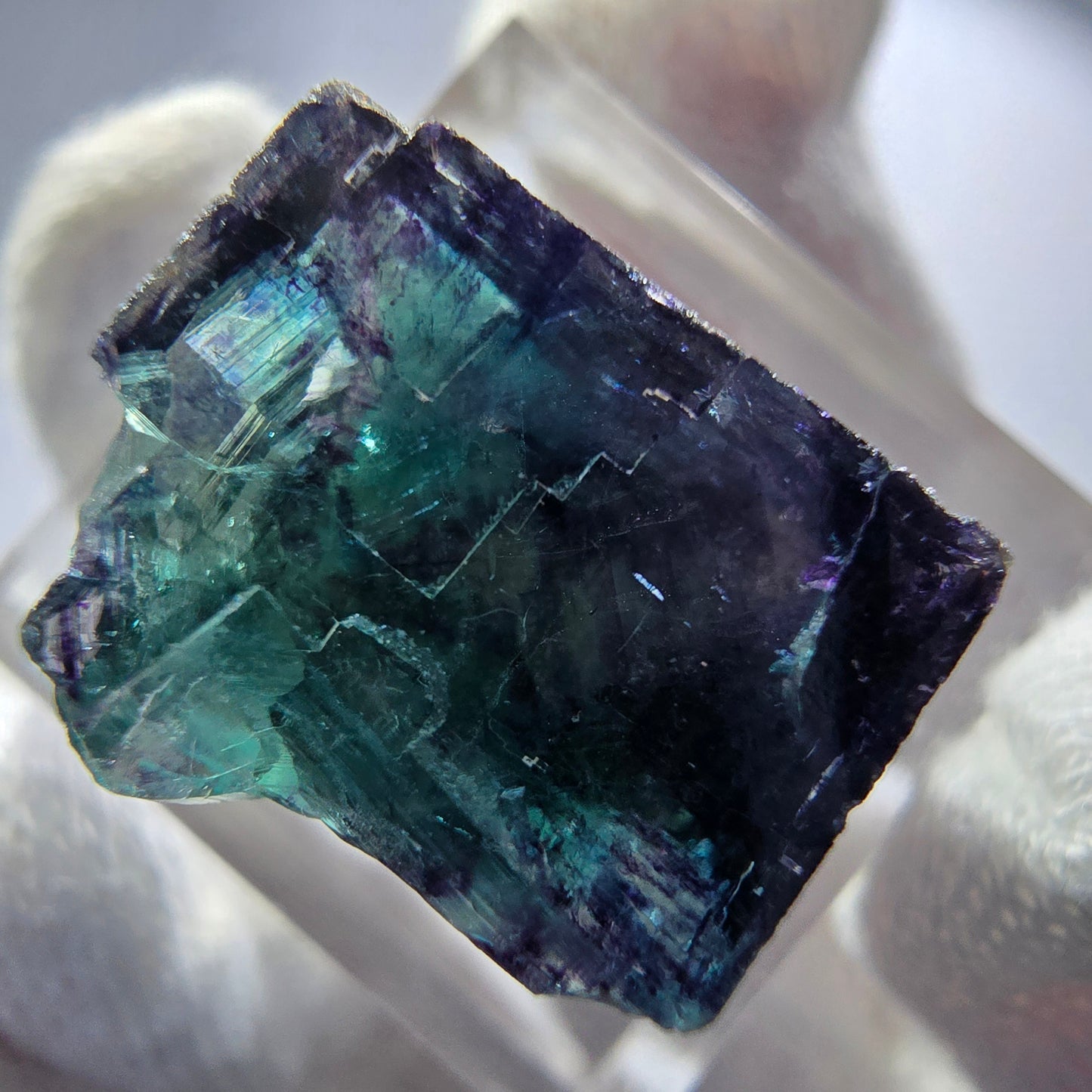 Spécimen rare de cube de fluorite fantôme, vert zonal et violet, Okorusu, Namibie, 23 x 18 x 14 mm
