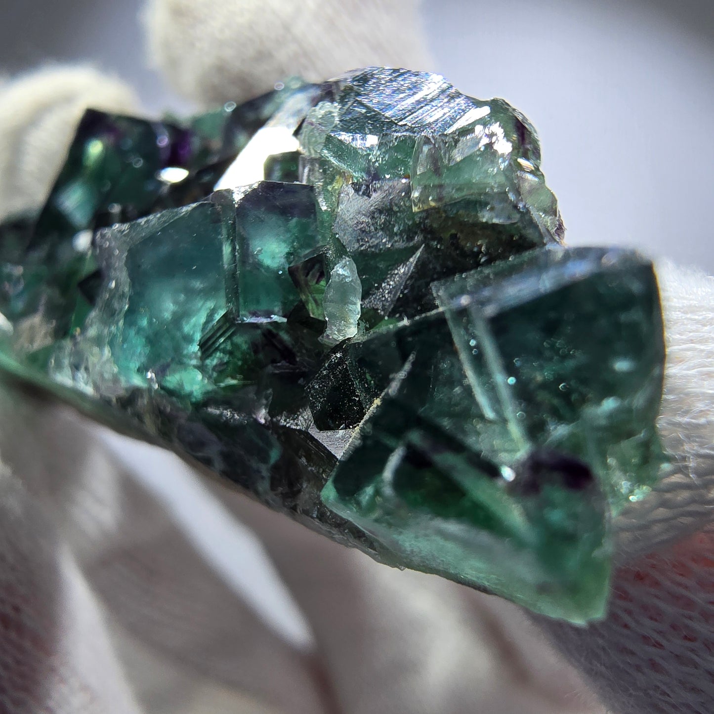 Spécimen rare de cube de fluorite fantôme, vert zonal et violet, Okorusu, Namibie, 54 x 23 x 12 mm