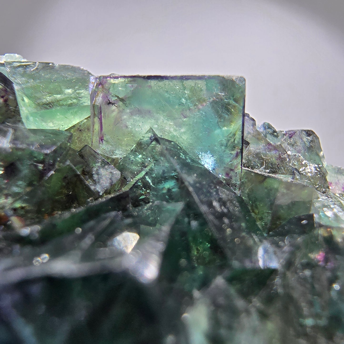 Spécimen rare de cube de fluorite fantôme, vert zonal et violet, Okorusu, Namibie, 54 x 23 x 12 mm