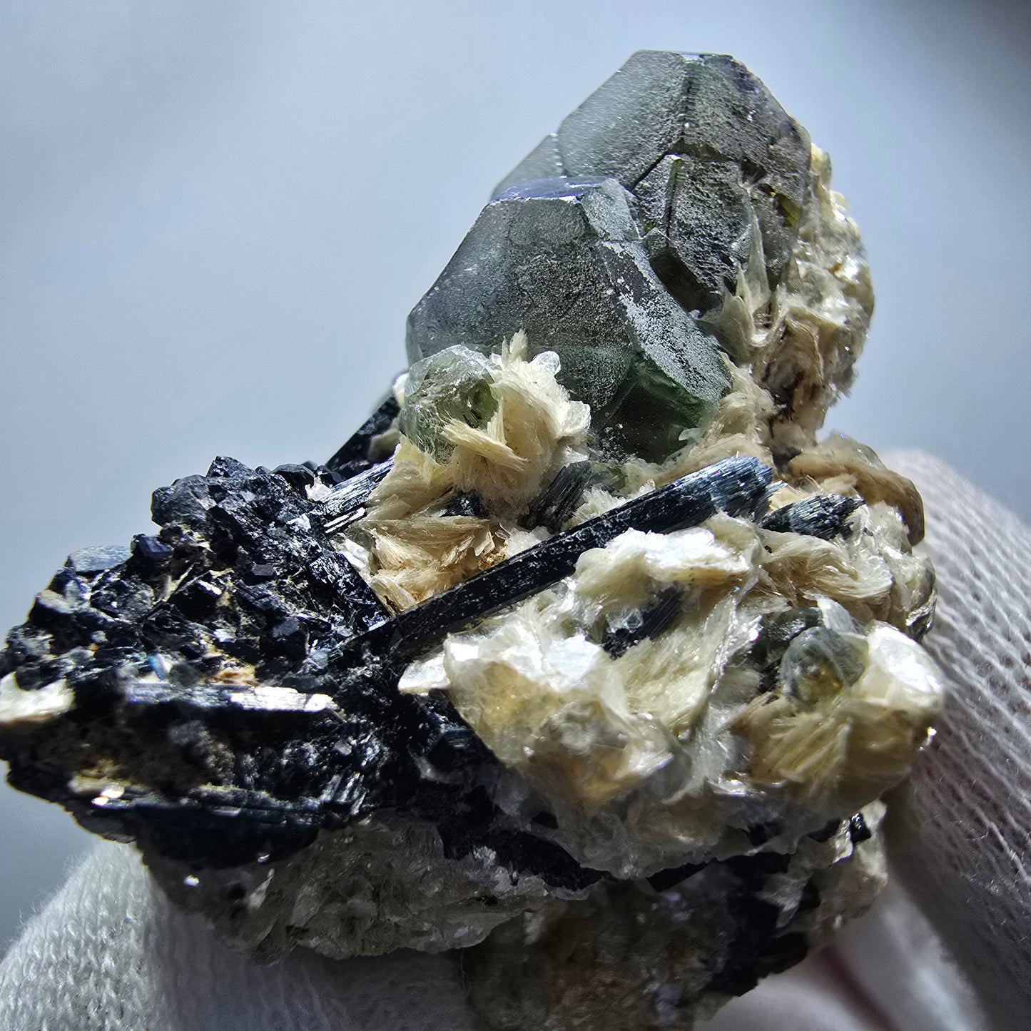 Phantom fluorite hexagonal, Schörl tourmaline, muscovite Erongo, Namibia 48*46*35mm