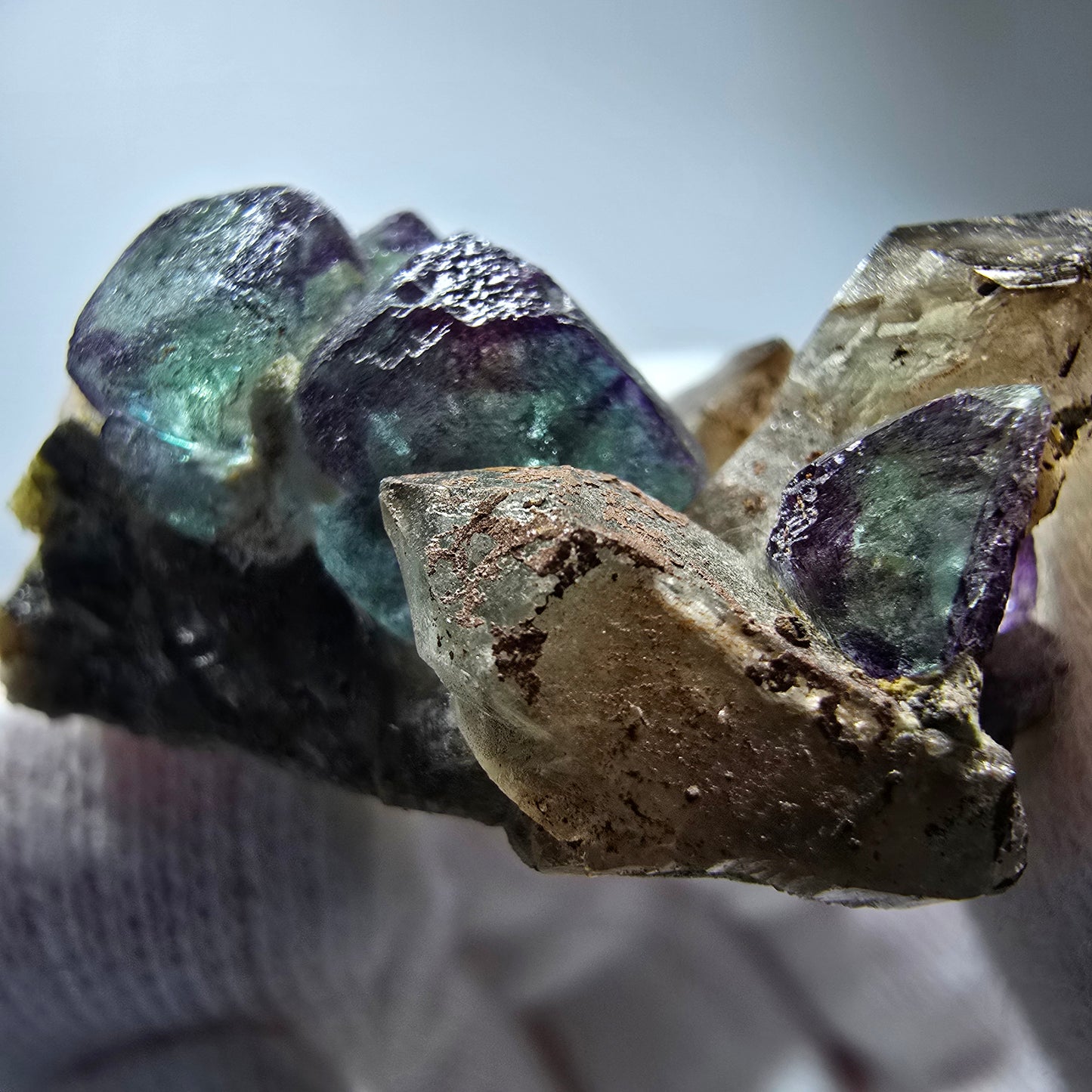 Phantom Fluorit Würfel, Rauchquarz, Hyalit Stufe Erongo, Namibia 48*36*21mm