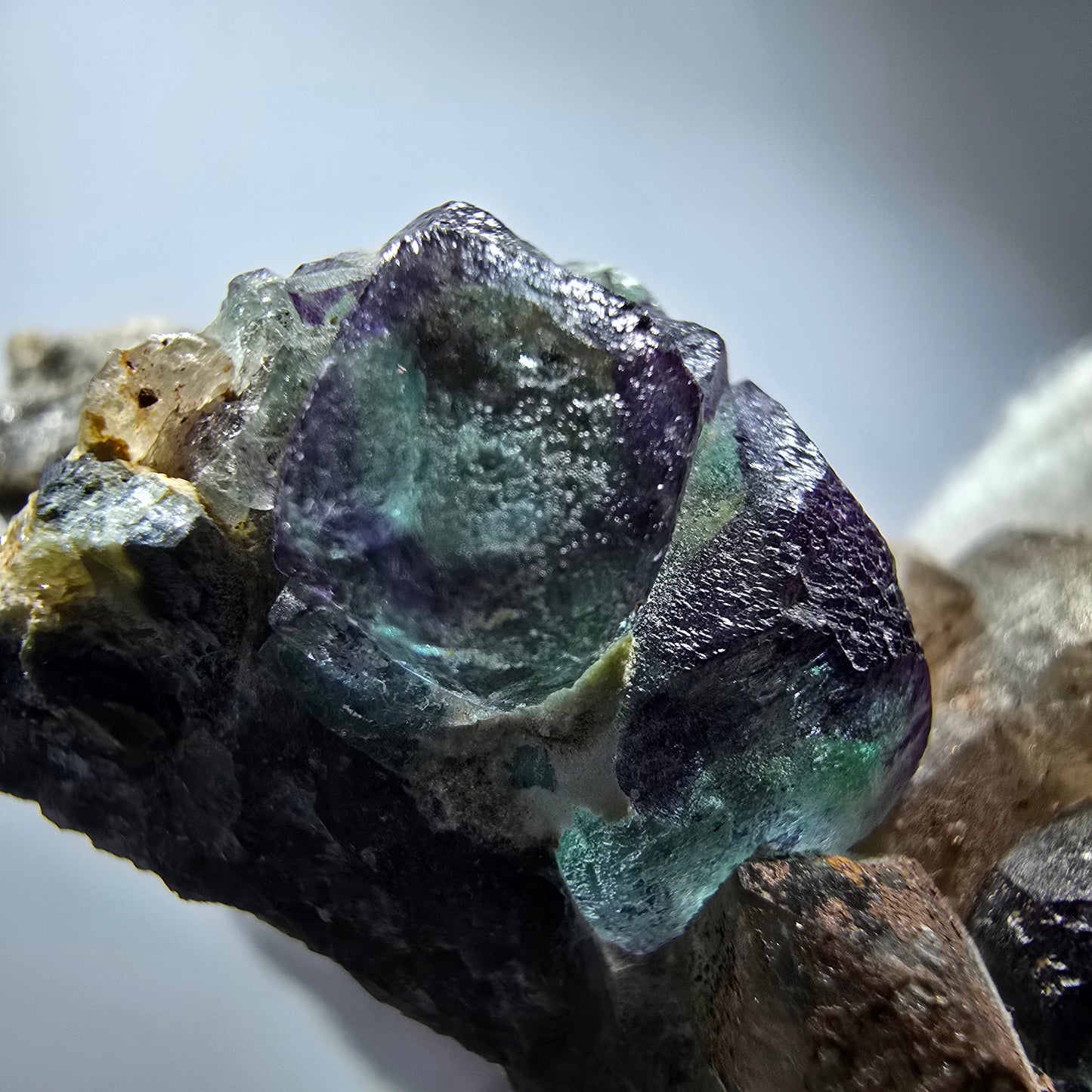 Phantom Fluorit Würfel, Rauchquarz, Hyalit Stufe Erongo, Namibia 48*36*21mm