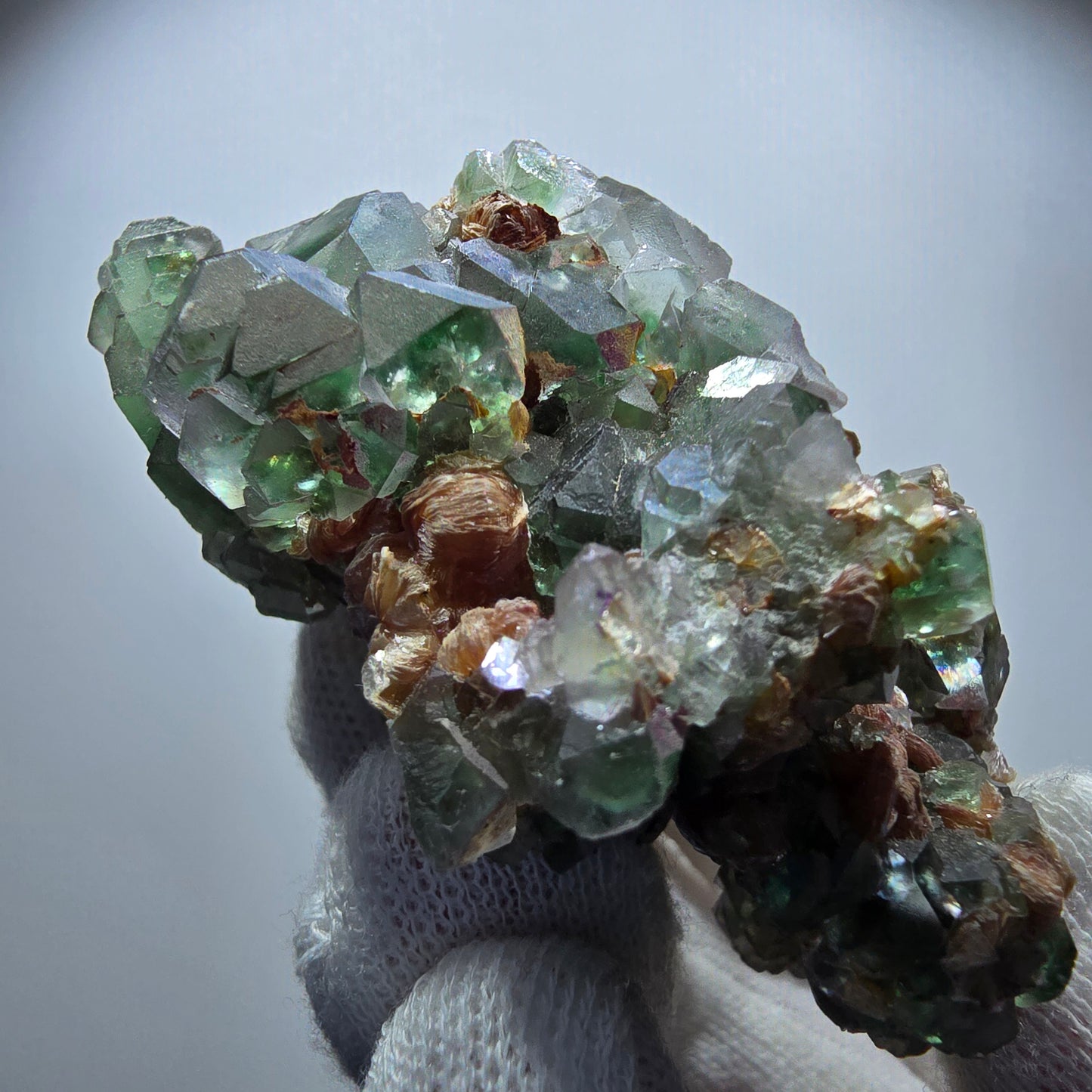 Phantom Fluorit Würfel, Hyalit, Muskovit (UV) Stufe Erongo, Namibia 70*63*36mm
