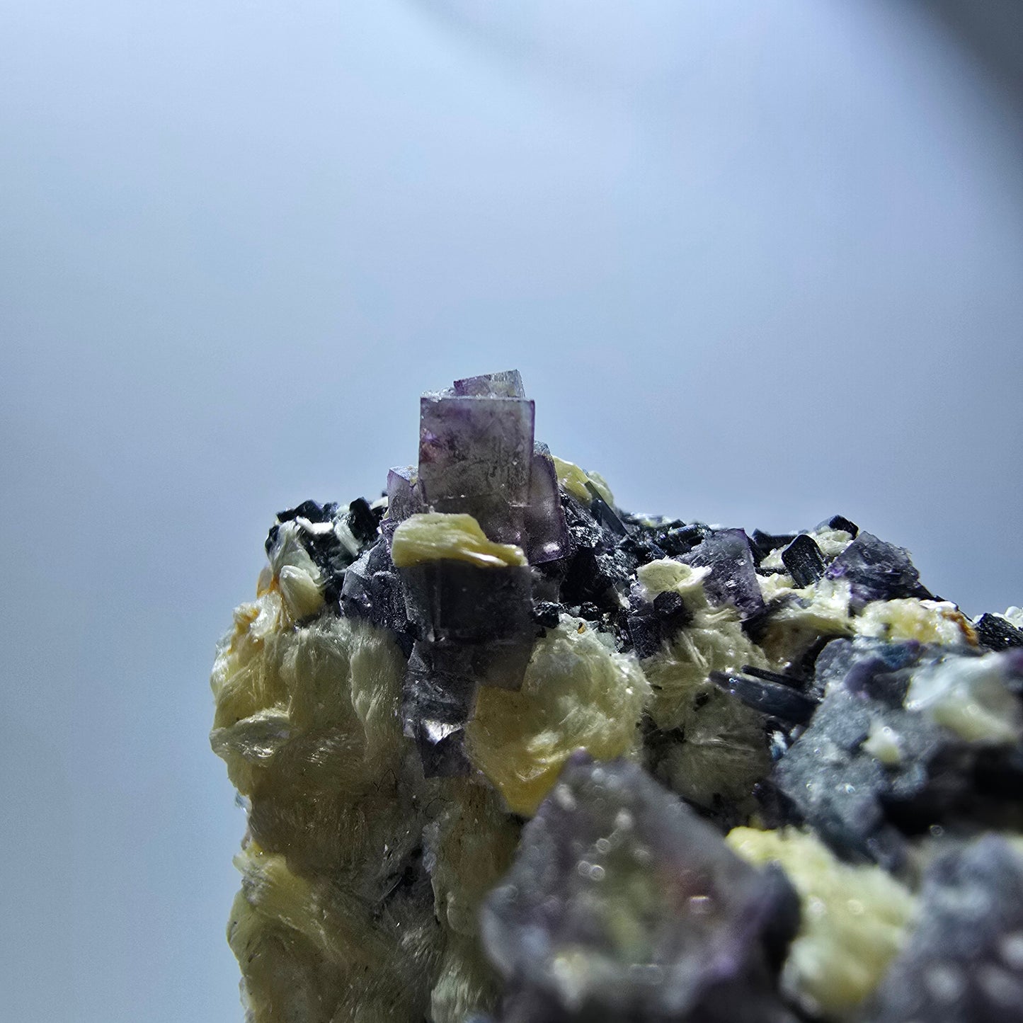 Cubes de fluorite fantôme colorés, tourmaline scholle muscovite, Erongo, Namibie, 61 x 60 x 29 mm