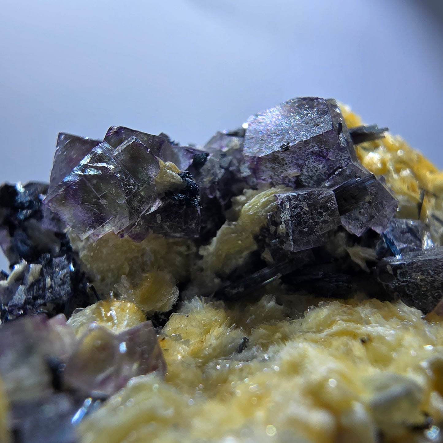 Cubes de fluorite fantôme colorés, tourmaline scholle muscovite, Erongo, Namibie, 61 x 60 x 29 mm