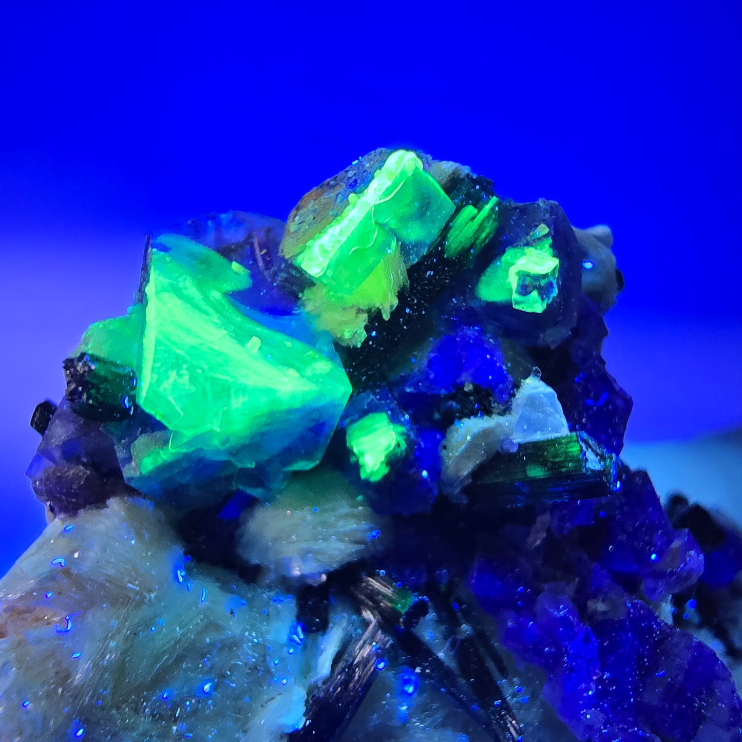 Bunte Phantom Fluorit Schörl Turmalin Hyalit Muskovit Erongo, Namibia 60*49*37mm