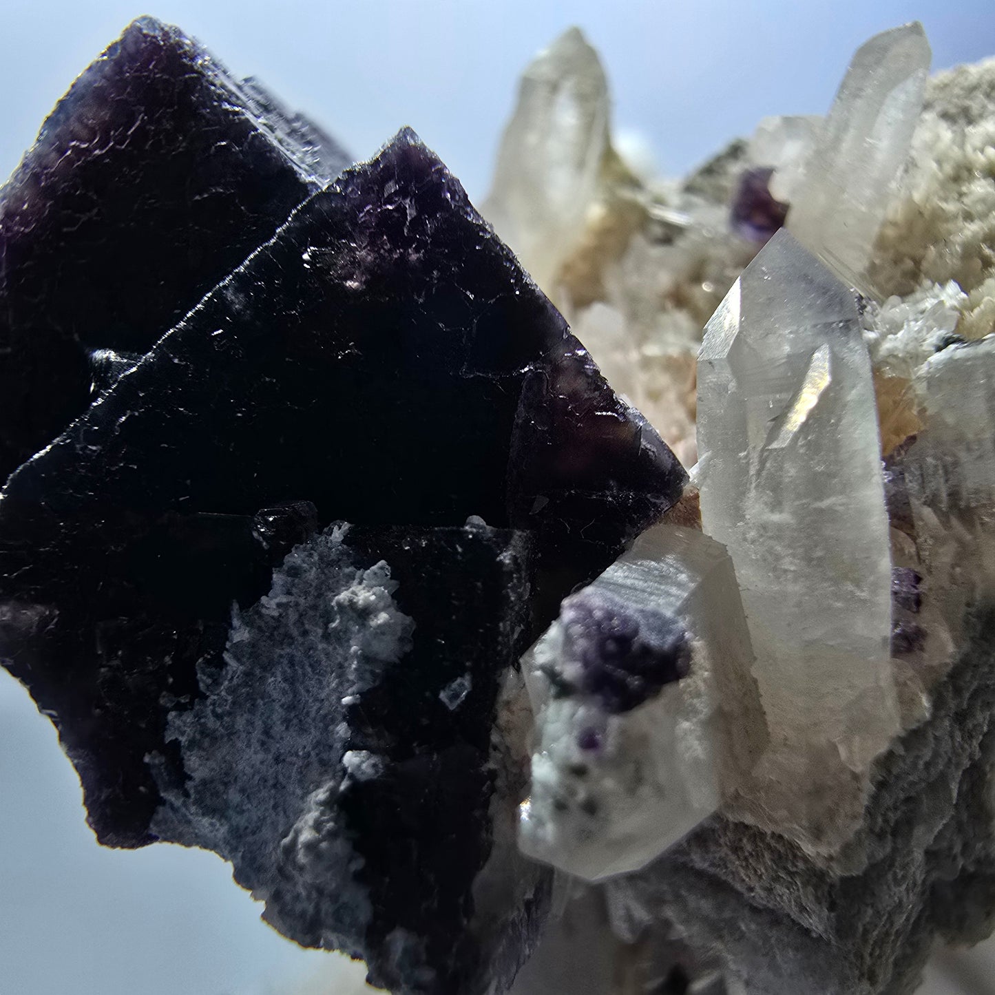 Phantom Fluorit Würfel rot lila, Rauchquarz, Hyalit, Orthoklas Erongo, Namibia 53*47*37mm