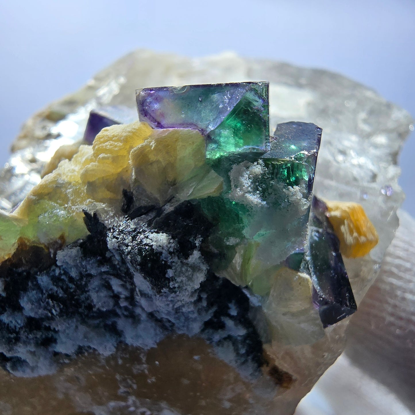 Phantom Fluorit zonal Rauchquarz Hyalit Muskovit Stufe Erongo Namibia 92*72*60mm