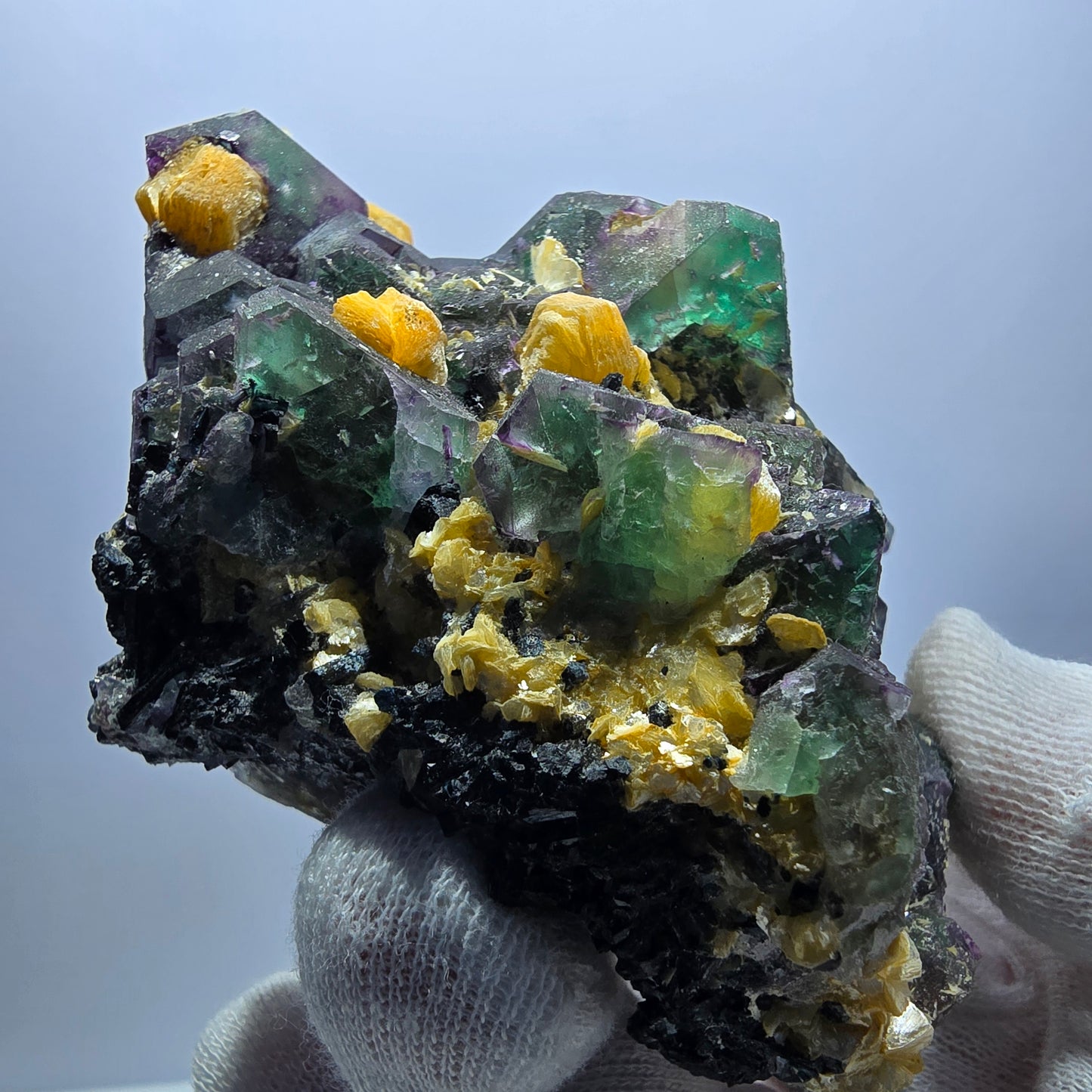 Fluorite fantôme hexagonale, hyalite, tourmaline Schörl, muscovite Erongo, Namibie 93*73*42mm