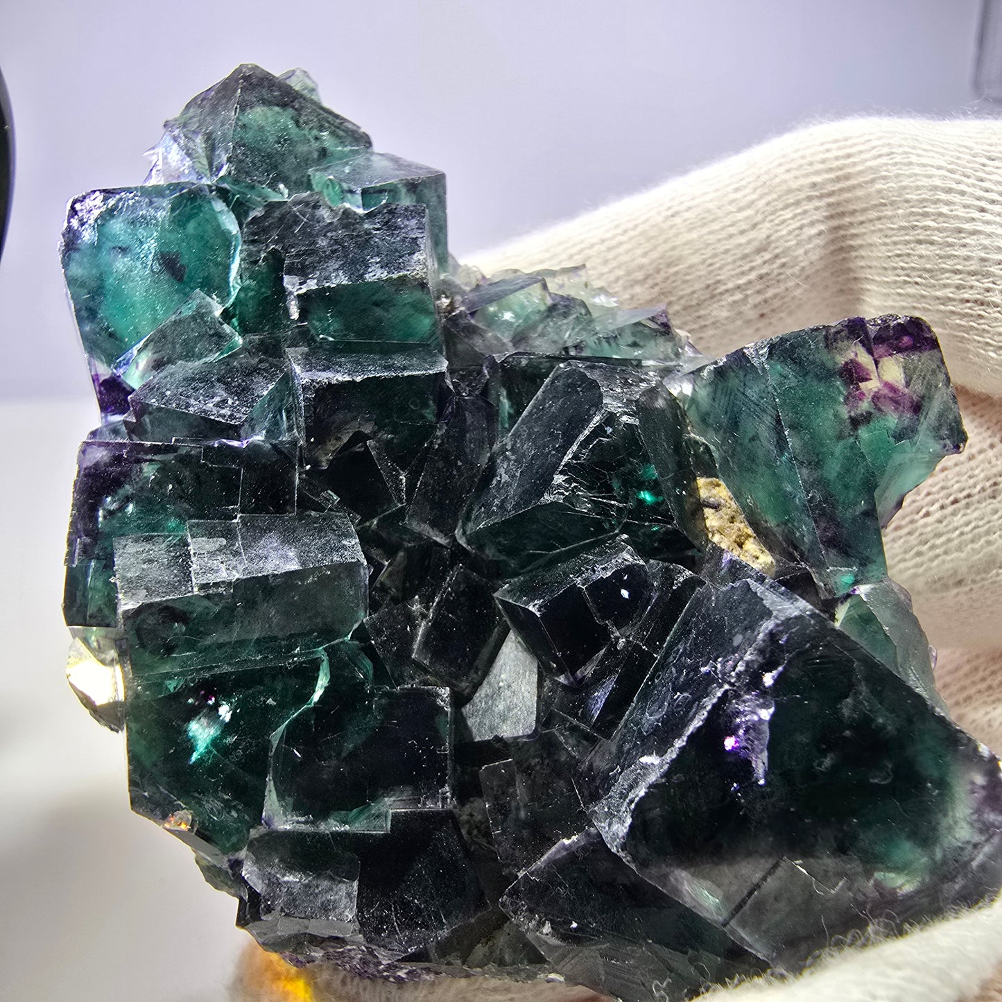 Seltene Phantom Fluorit Würfel Stufe zonal grün lila Okorusu, Namibia 73*60*24mm