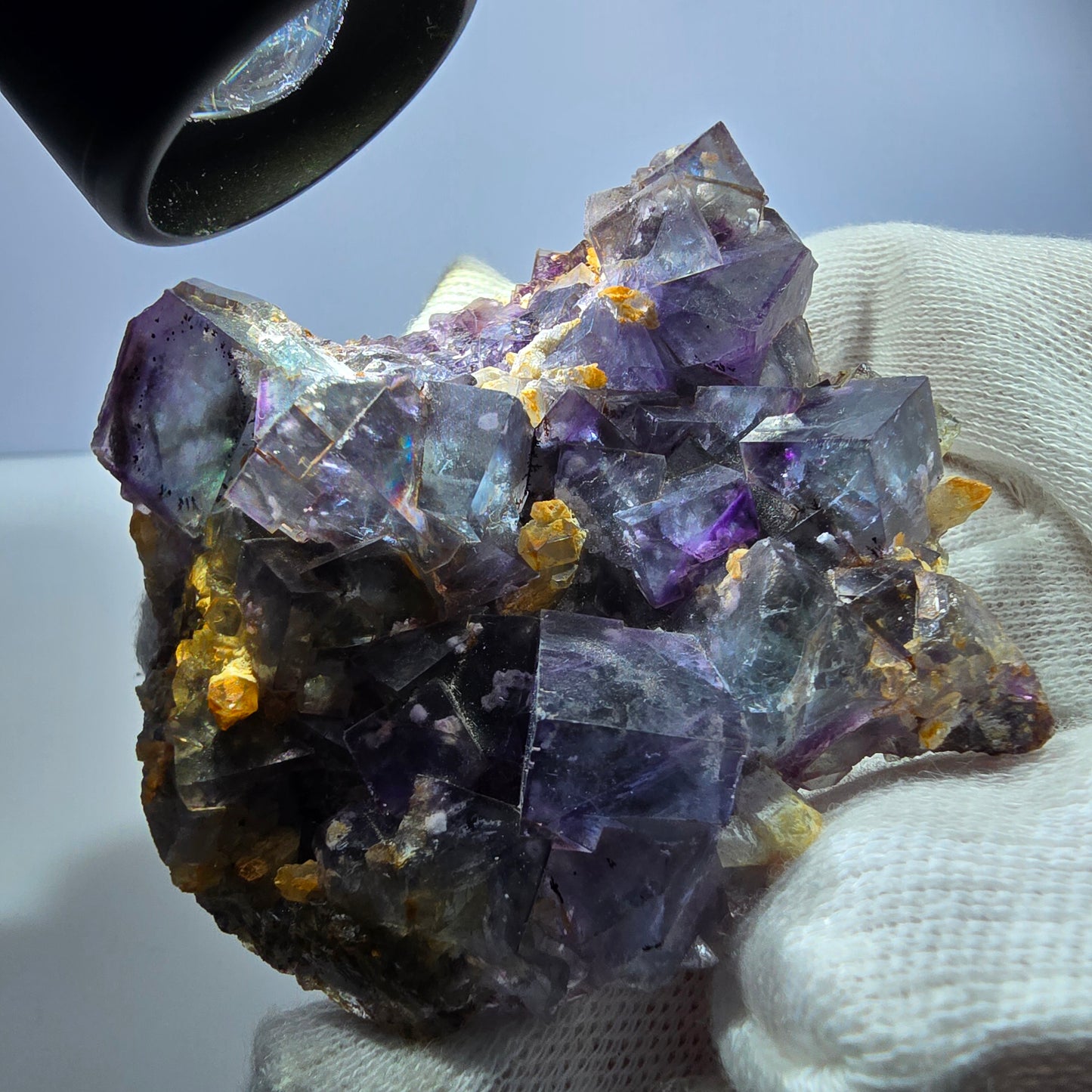 Phantom Fluorit Würfel zonal, Quarz Stufe grün lila Okorusu, Namibia 72*69*28mm