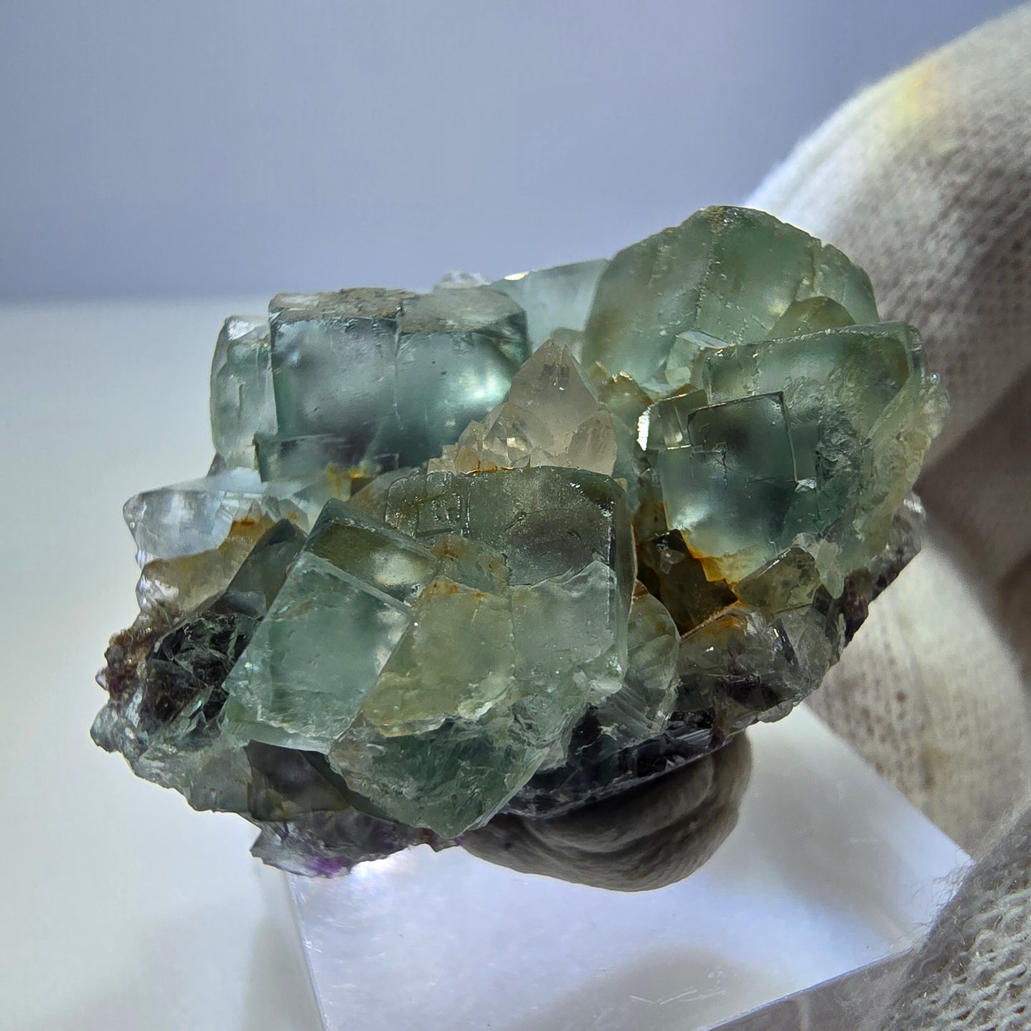Klare Phantom Fluorit Würfel, Quarz Stufe grün lila Okorusu, Namibia 38*27*22mm