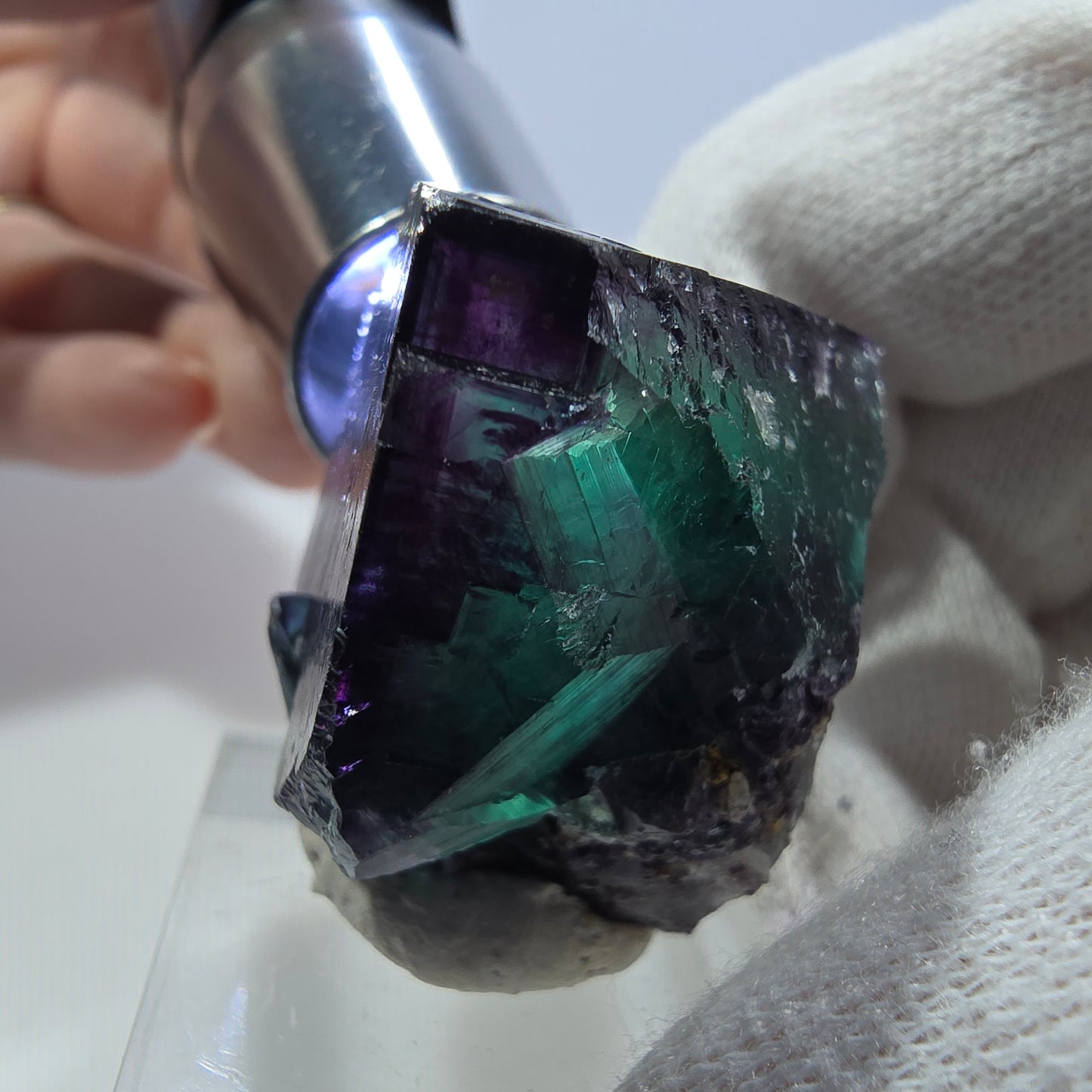 Klare Phantom Fluorit Würfel Stufe zonal grün lila Okorusu, Namibia 37*32*29mm