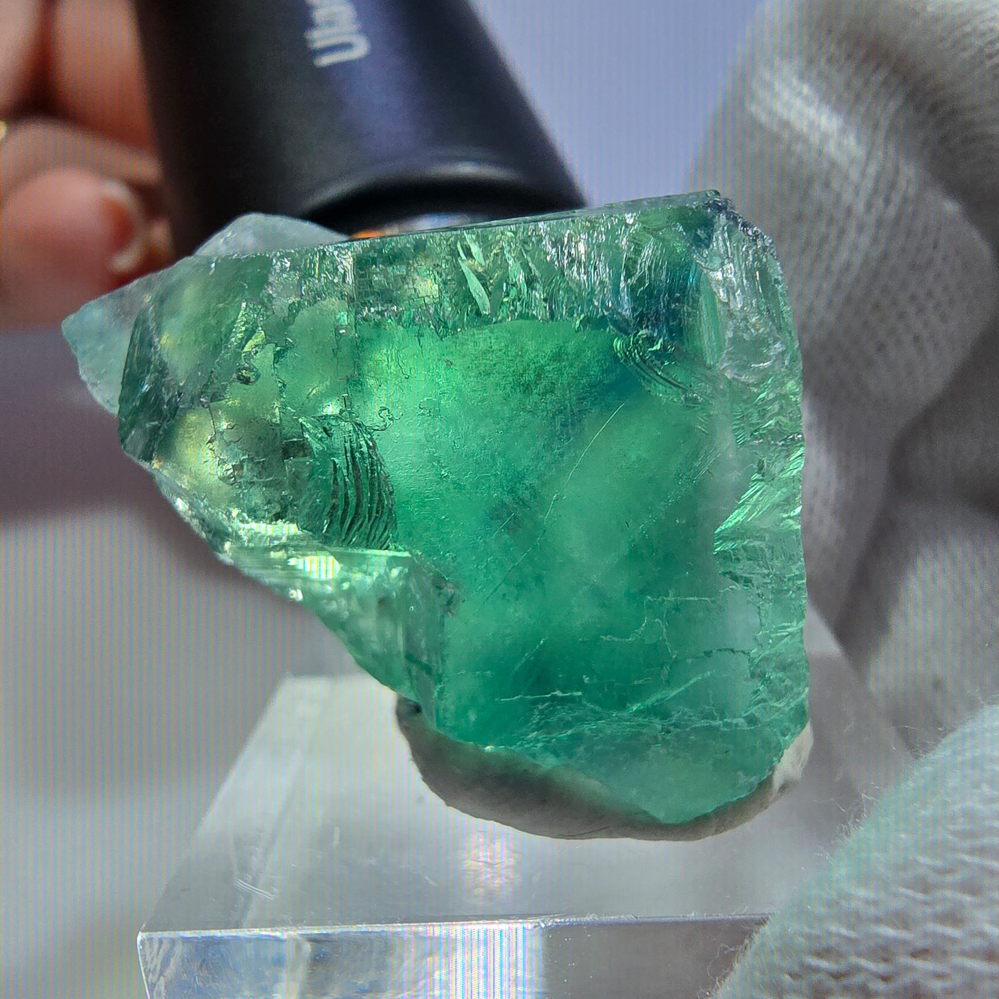 Cube de fluorite fantôme transparent parqueté vert turquoise Okorusu Namibie 33*22*22mm