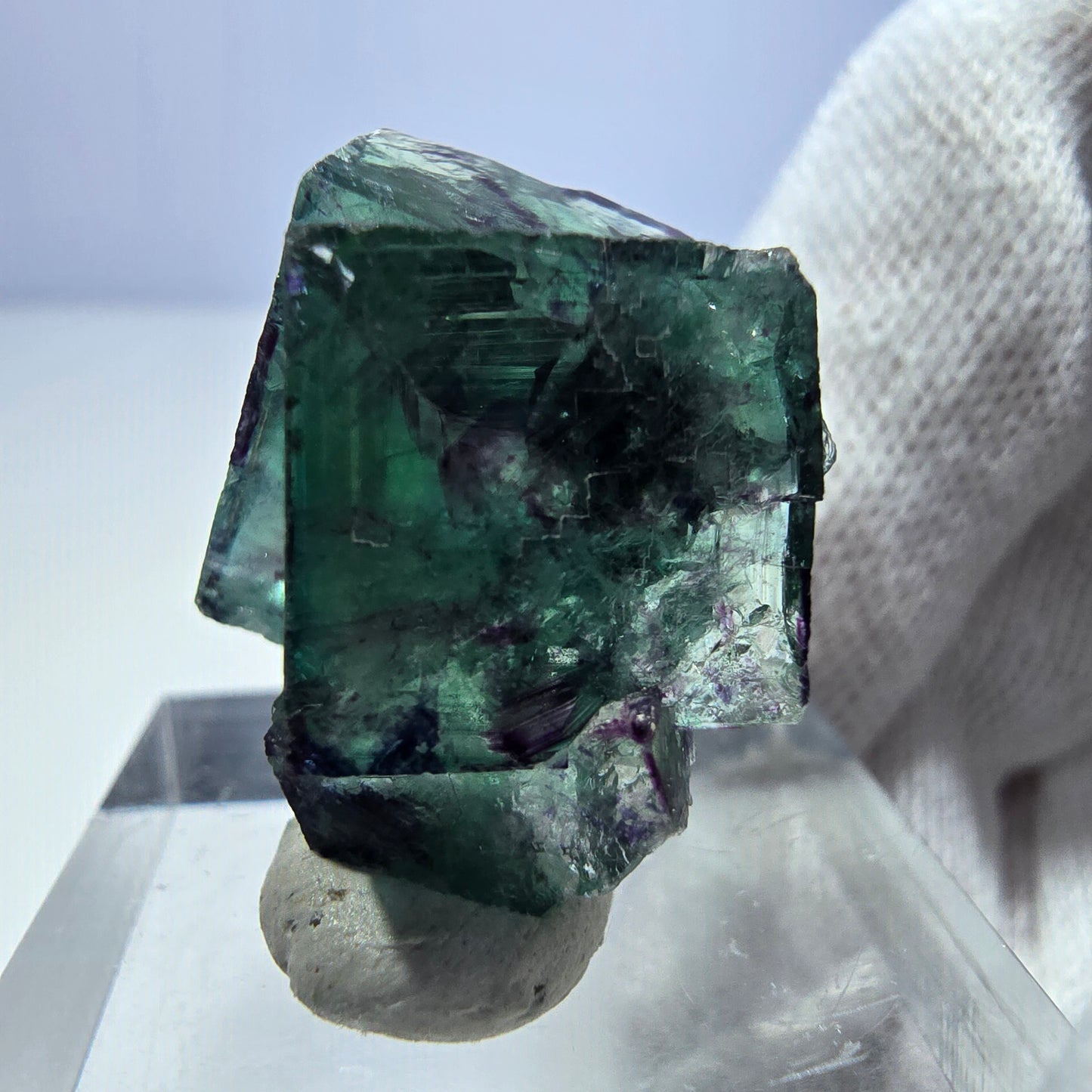 Spécimen rare de cube de fluorite fantôme, vert zonal et violet, Okorusu, Namibie, 25 x 21 x 15 mm