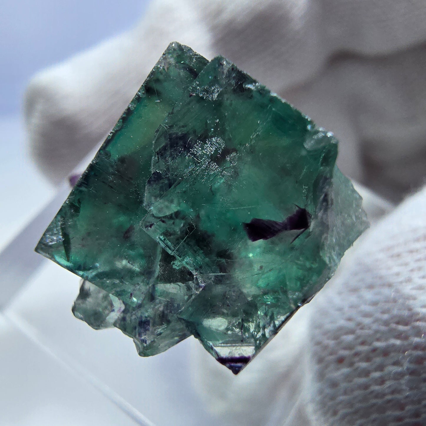 Spécimen rare de cube de fluorite fantôme, vert zonal et violet, Okorusu, Namibie, 25 x 21 x 15 mm