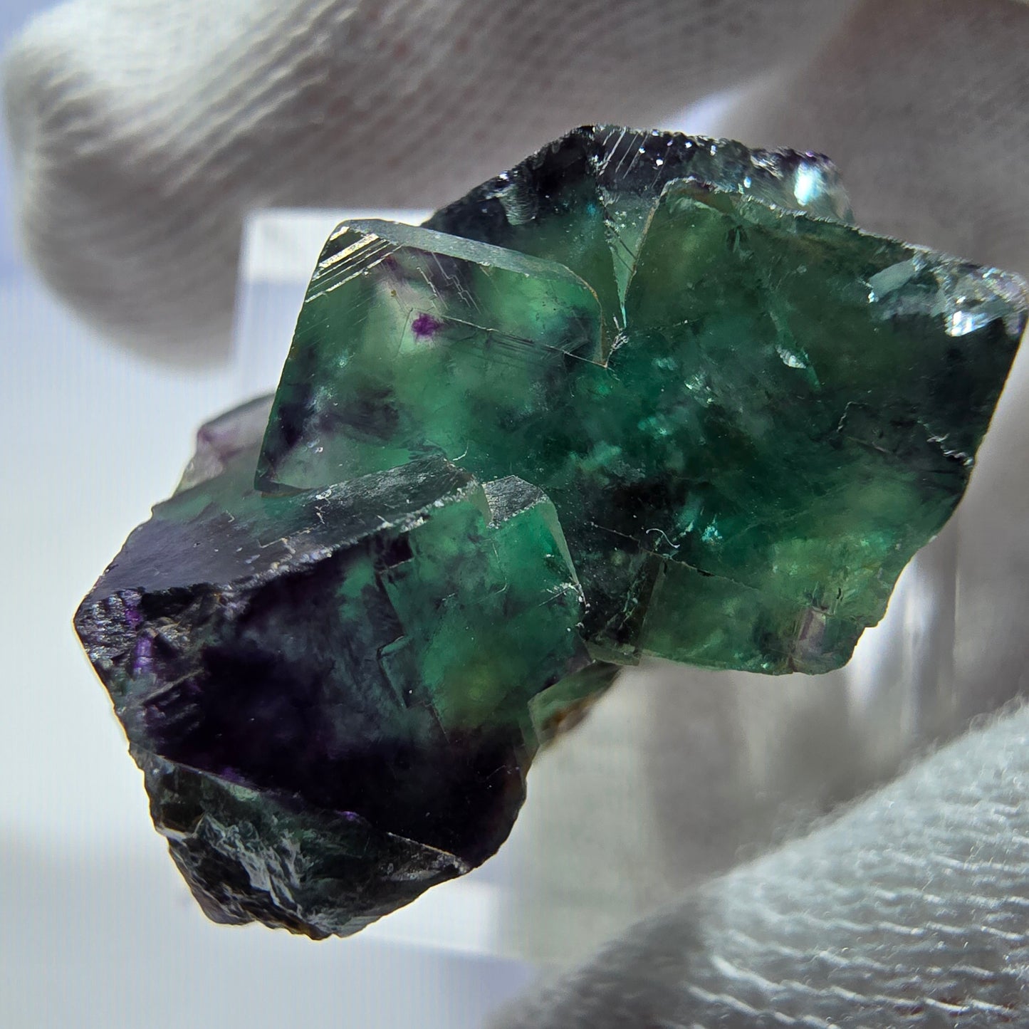 Spécimen rare de cube de fluorite fantôme, vert zonal et violet, Okorusu, Namibie, 29 x 17 x 17 mm