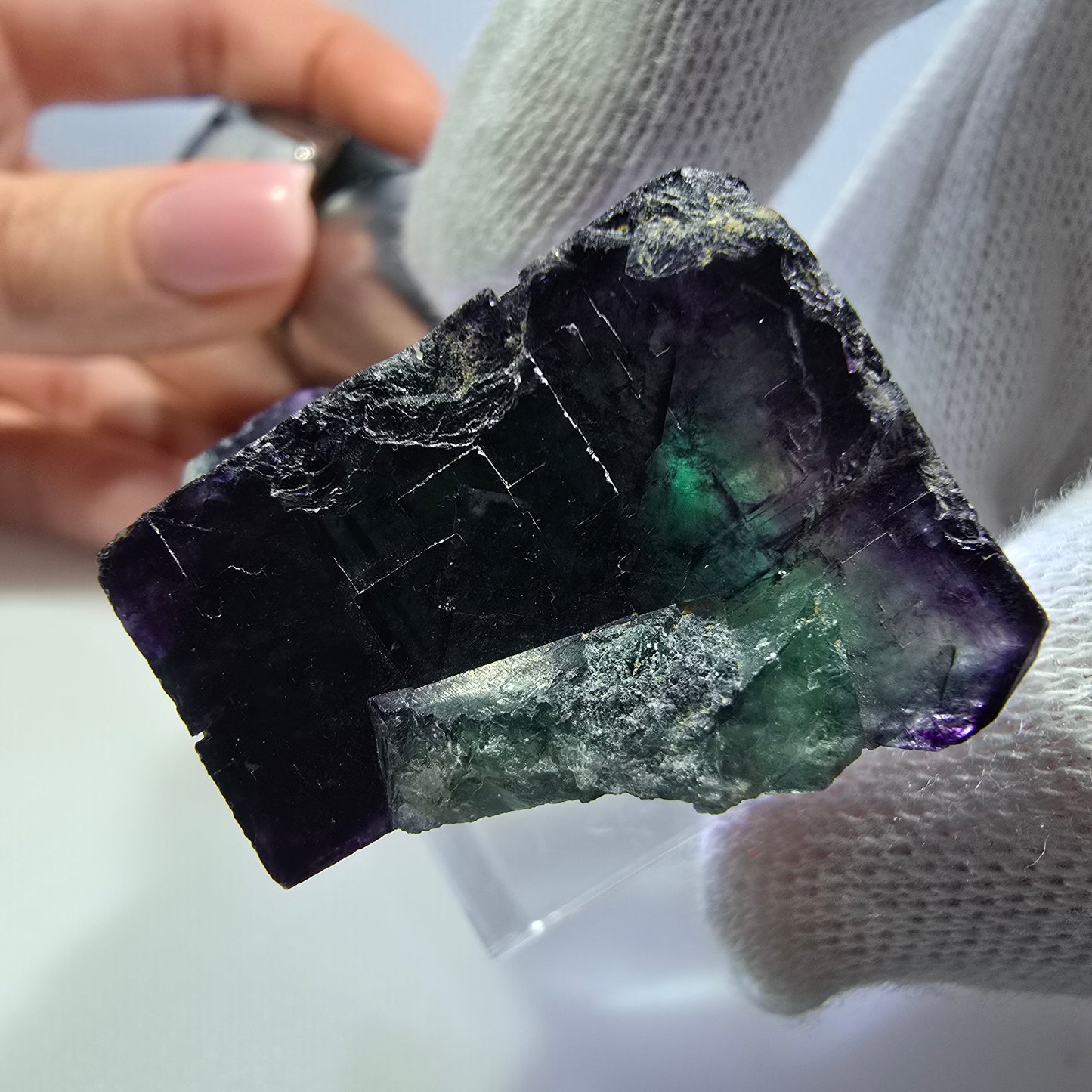 Seltene Phantom Fluorit Würfel Stufe zonal grün lila Okorusu, Namibia 39*34*24mm