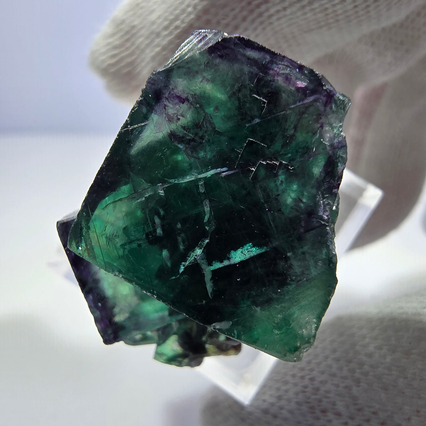 Spécimen rare de cube de fluorite fantôme, vert-violet zonal, Okorusu, Namibie, 32 x 20 x 22 mm