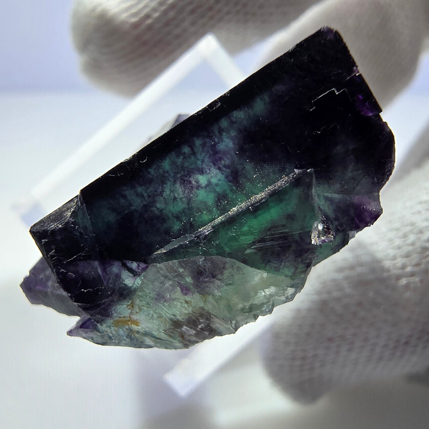 Spécimen rare de cube de fluorite fantôme zonal vert violet Okorusu, Namibie 33*21*14mm