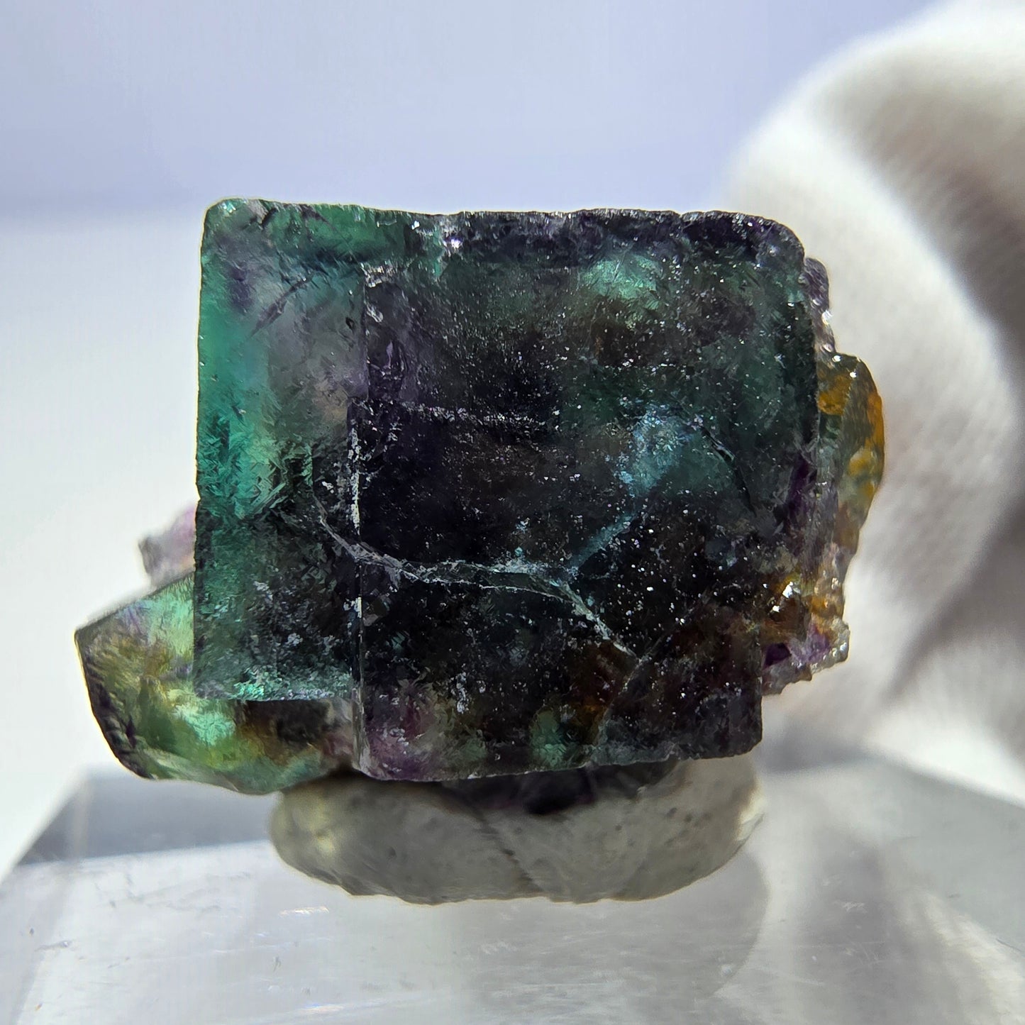 Spécimen rare de cube de fluorite fantôme, vert zonal et violet, Okorusu, Namibie, 22 x 15 x 17 mm